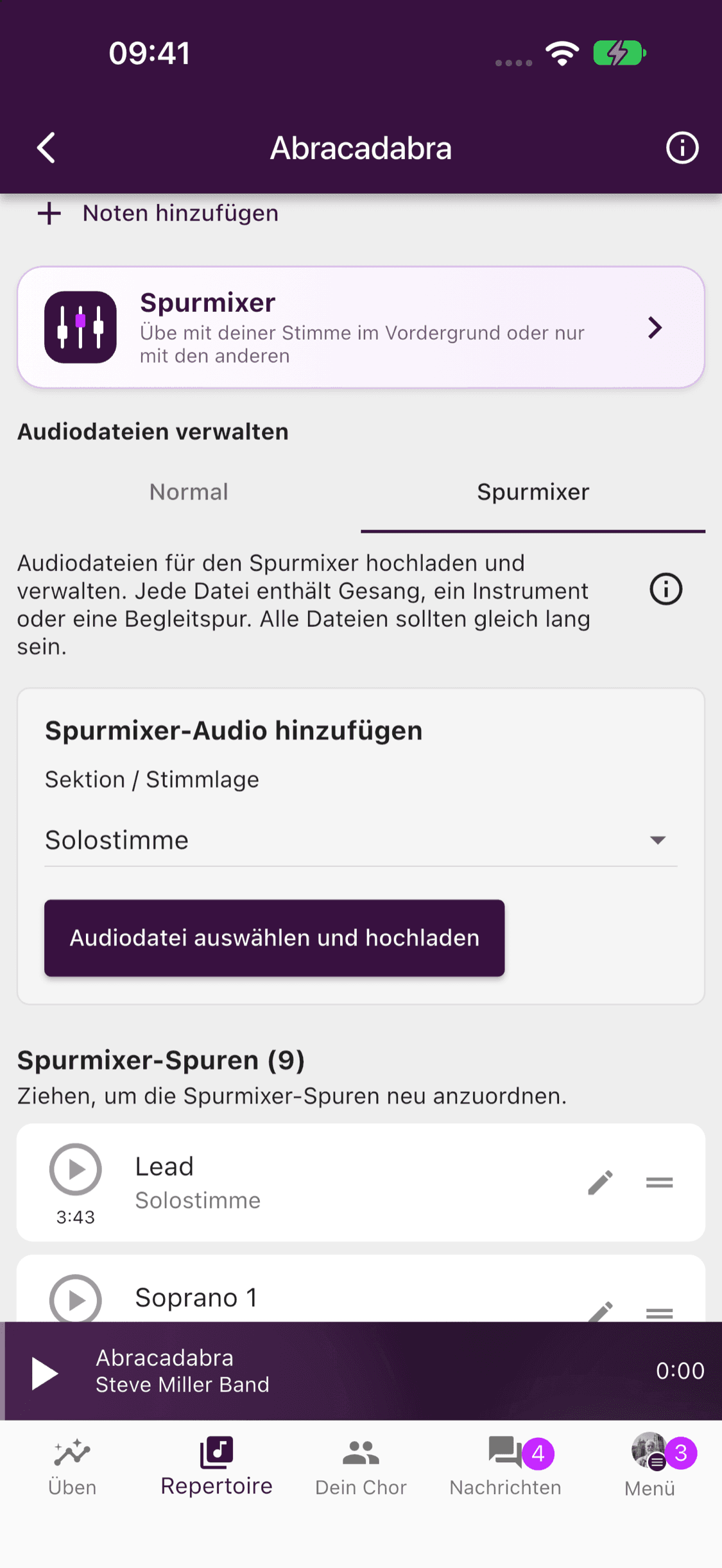 Spurmixer mit hochgeladenen Dateien und einer kompakten Info-Schaltfläche