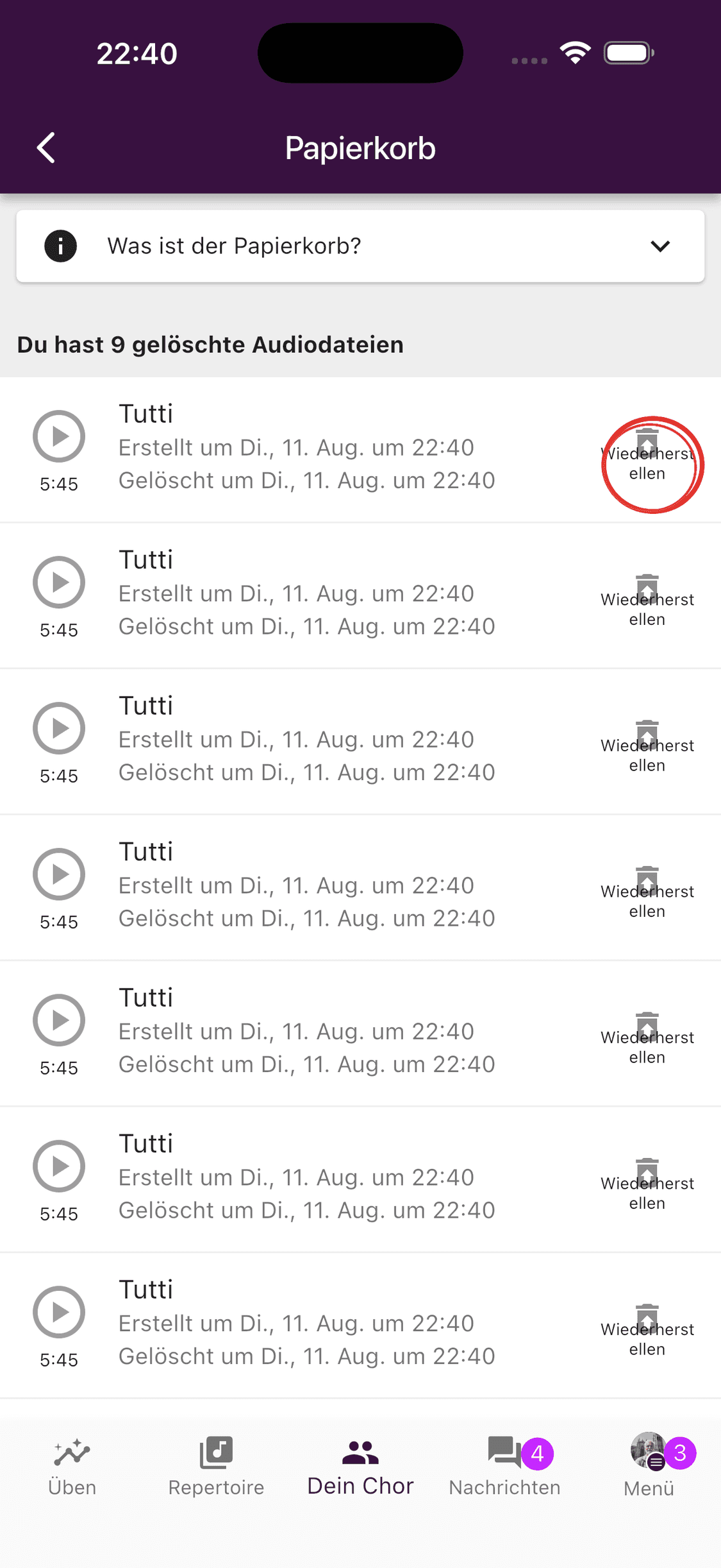Der Papierkorb mit gelöschten Audiodateien und Schaltflächen zum Wiederherstellen