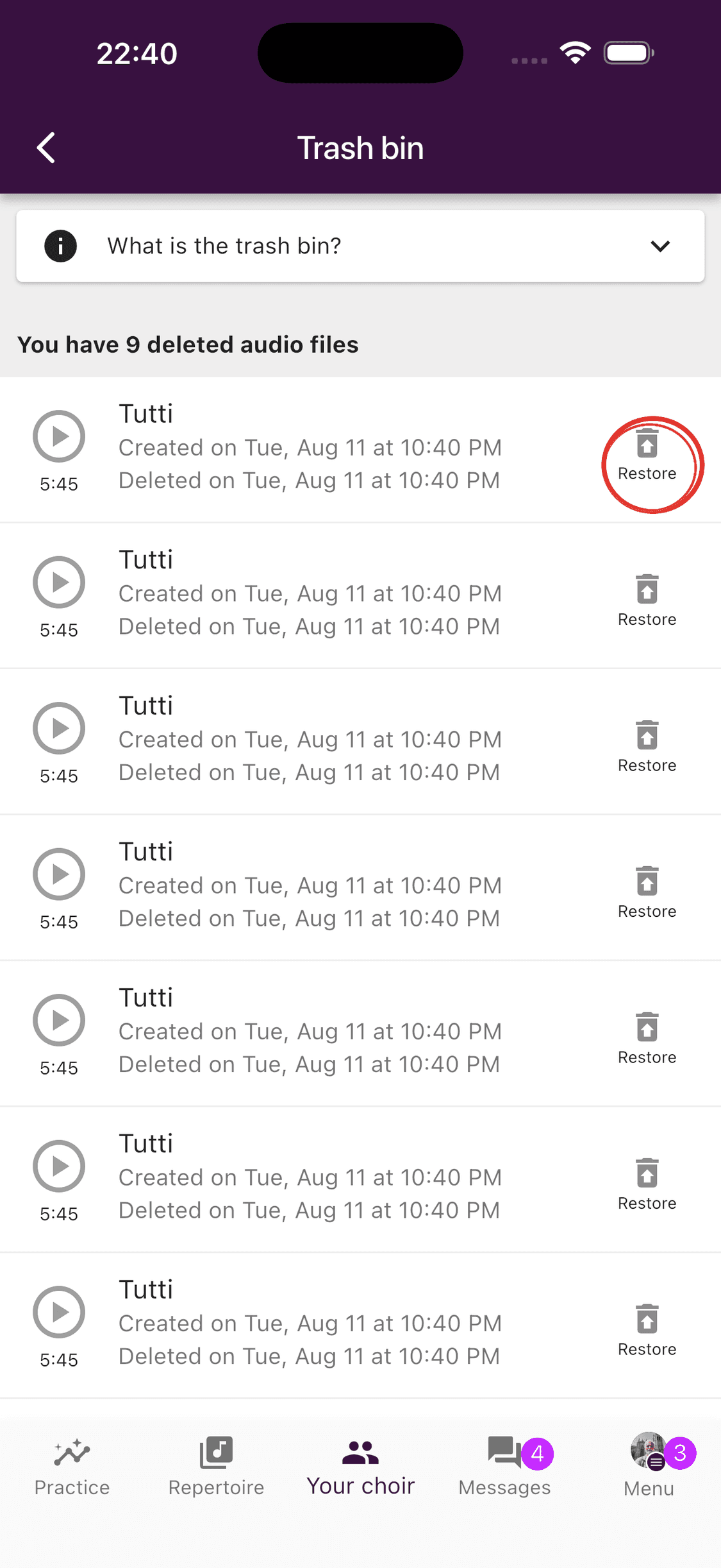 The trash bin with deleted audio files and Restore buttons
