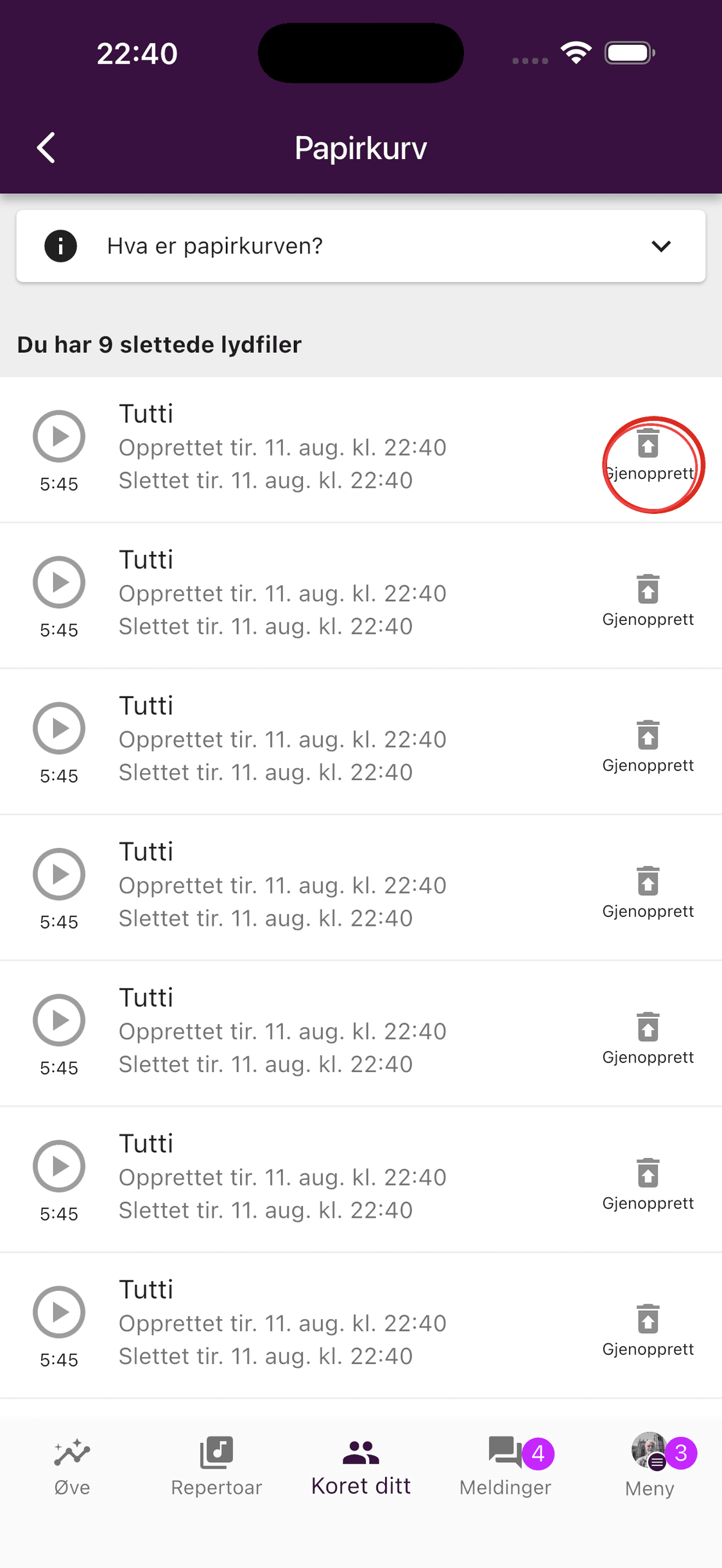 Papirkurven med slettede lydfiler og knapper for gjenoppretting