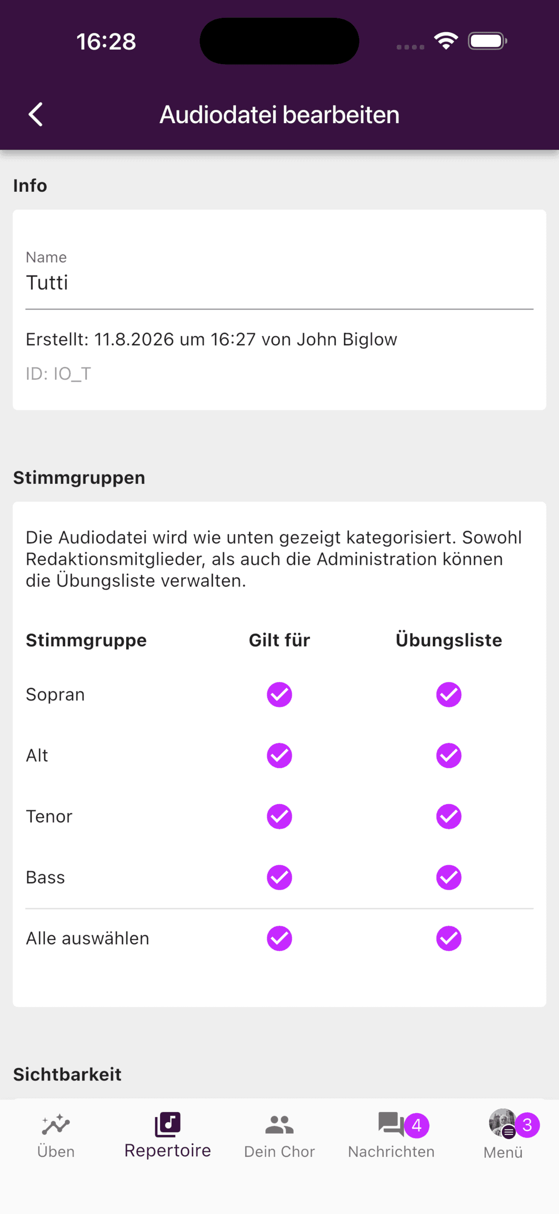 Stimmgruppen und Übungslisten einer Audiodatei in der App bearbeiten