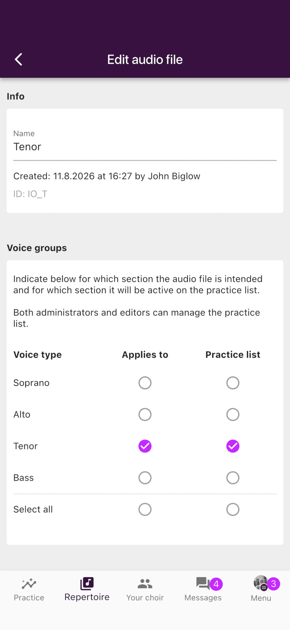 Editing voice-part and practice-list assignments for an audio file in the app