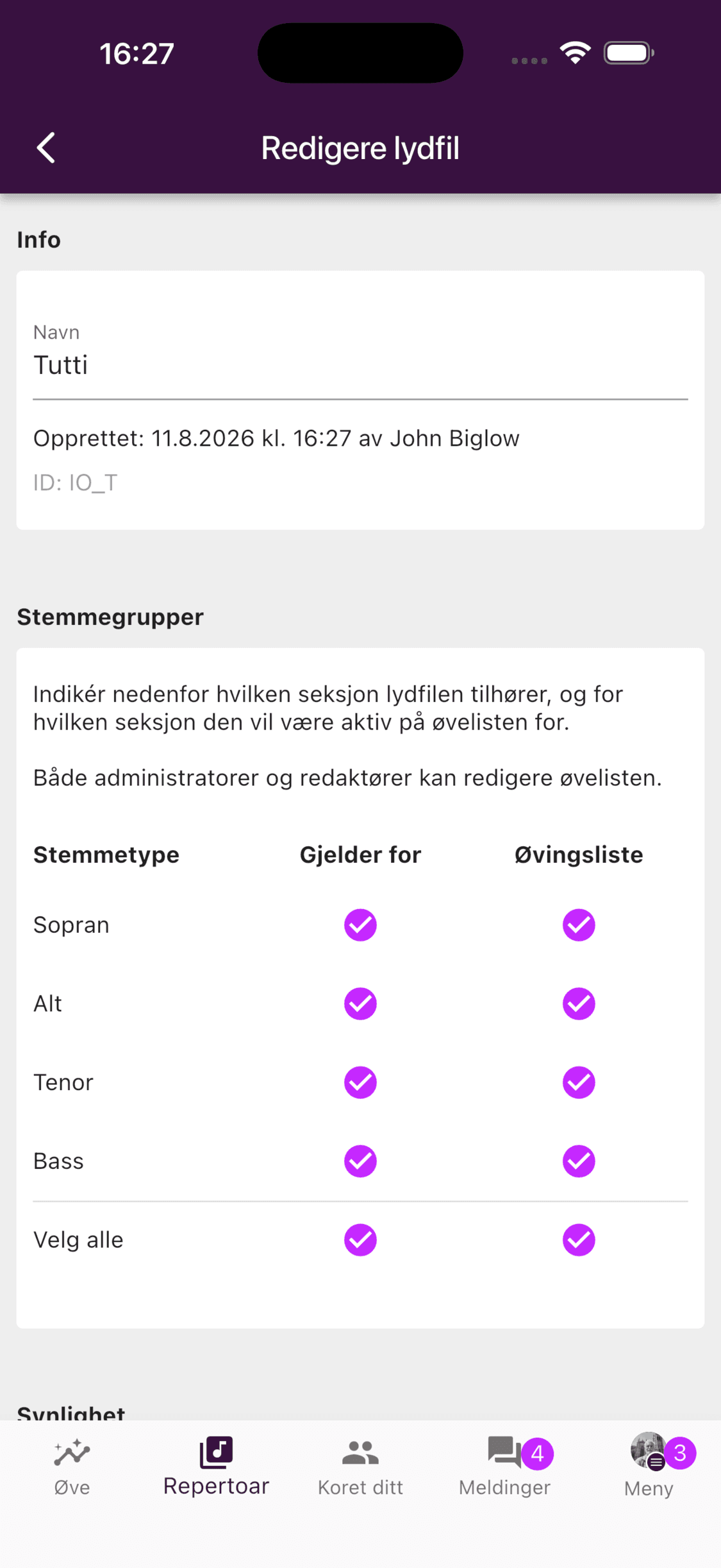 Redigere stemmegrupper og øveliste for en lydfil i appen