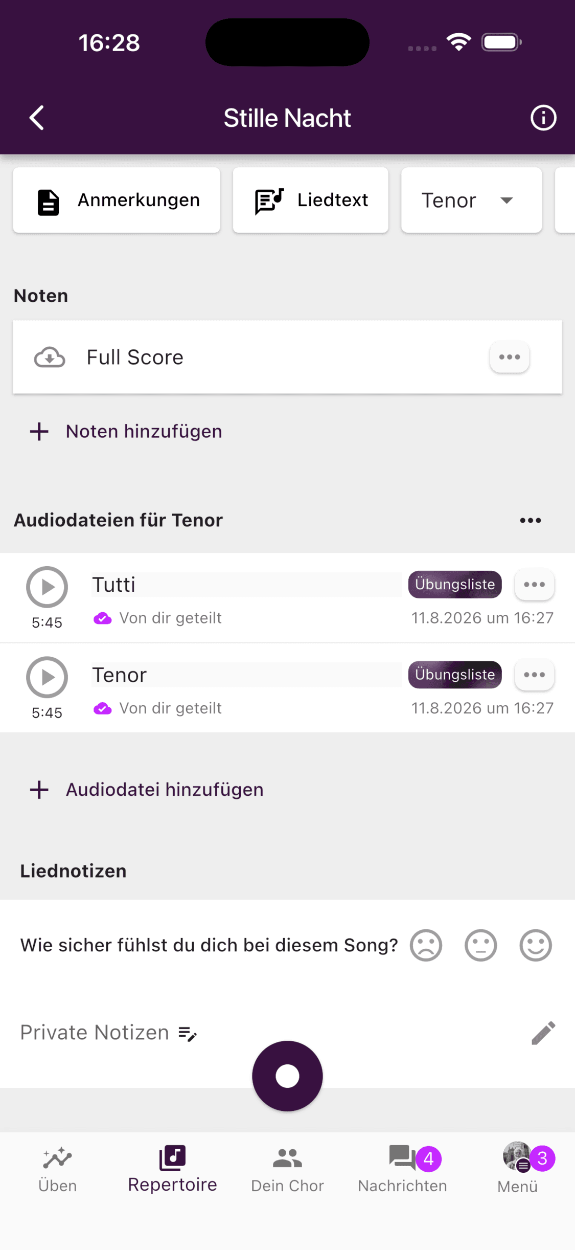 Audiodateien für die Tenor-Stimmgruppe in der ChoirMate-App