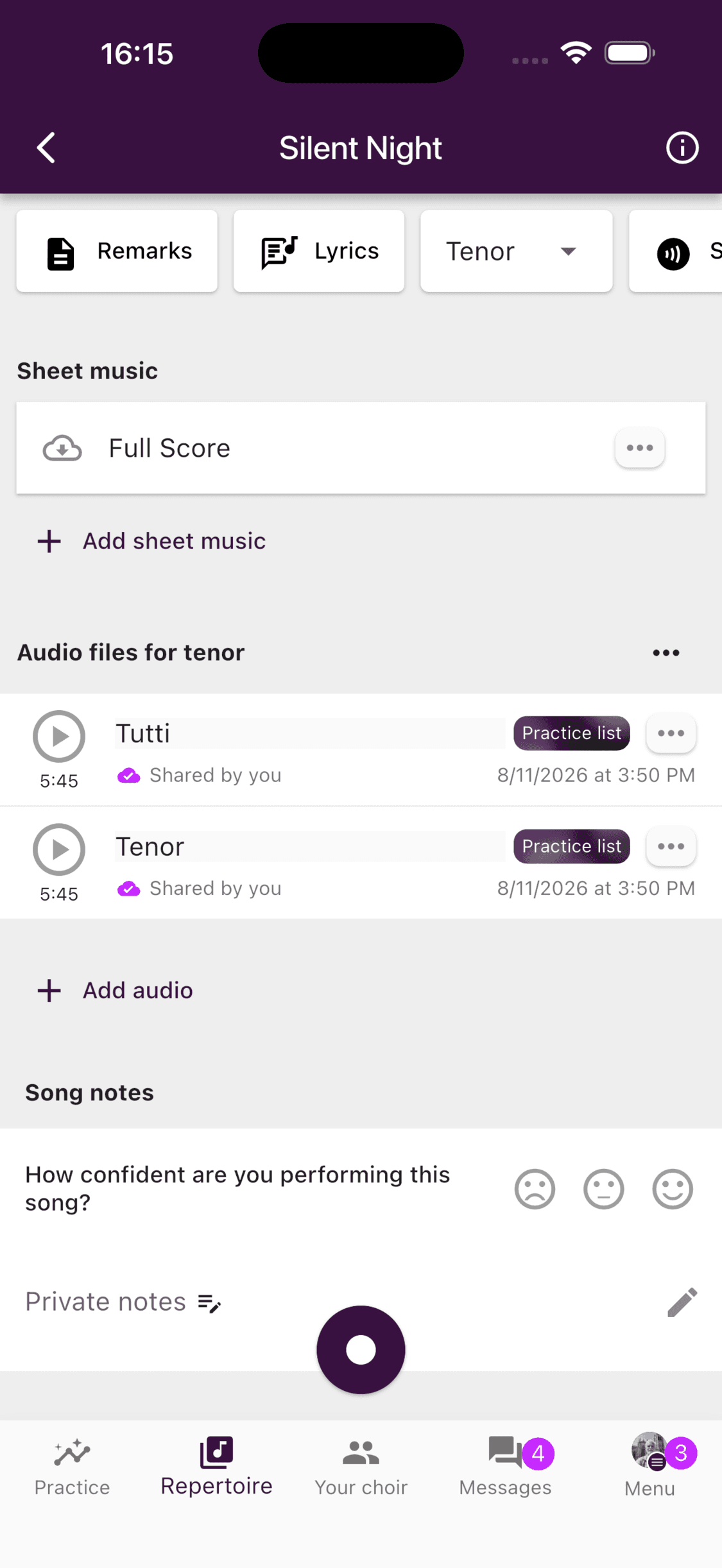 Audio files for the tenor voice part in the ChoirMate app