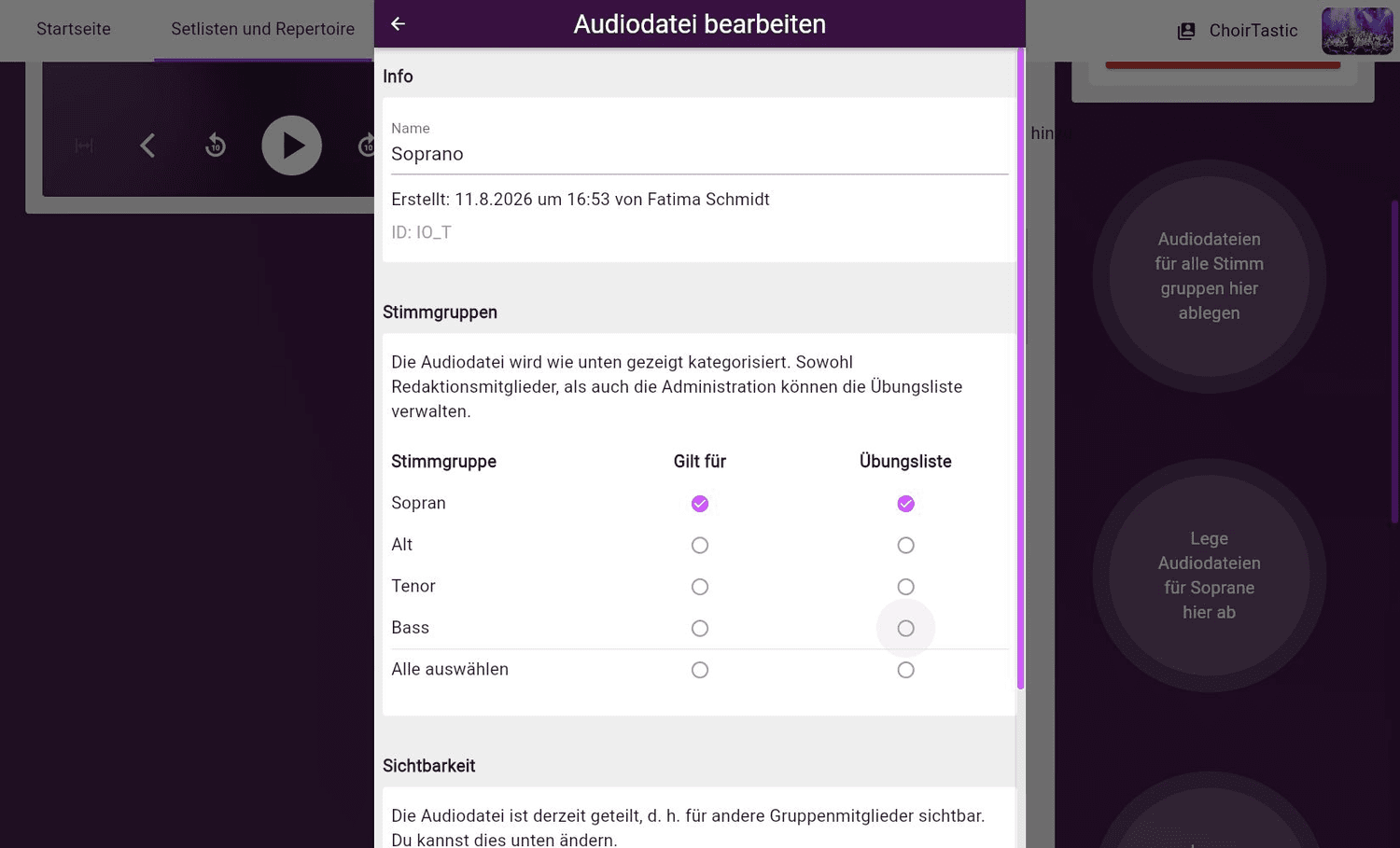 Stimmgruppen und Sichtbarkeit einer Audiodatei im Web bearbeiten