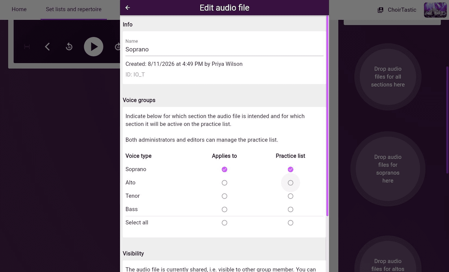 Editing voice-part assignments and visibility for an audio file on the web