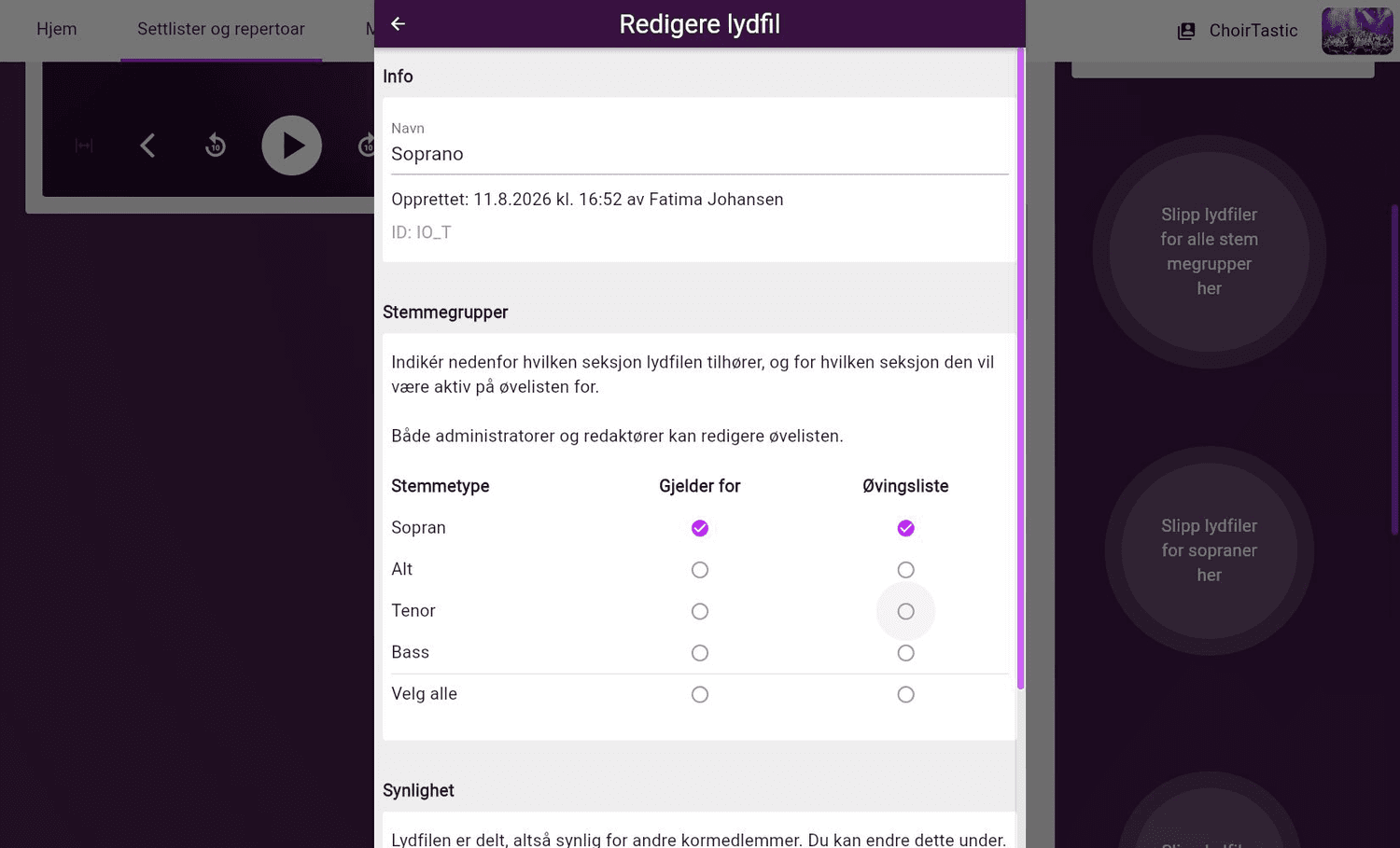Redigere stemmegrupper og synlighet for en lydfil på web