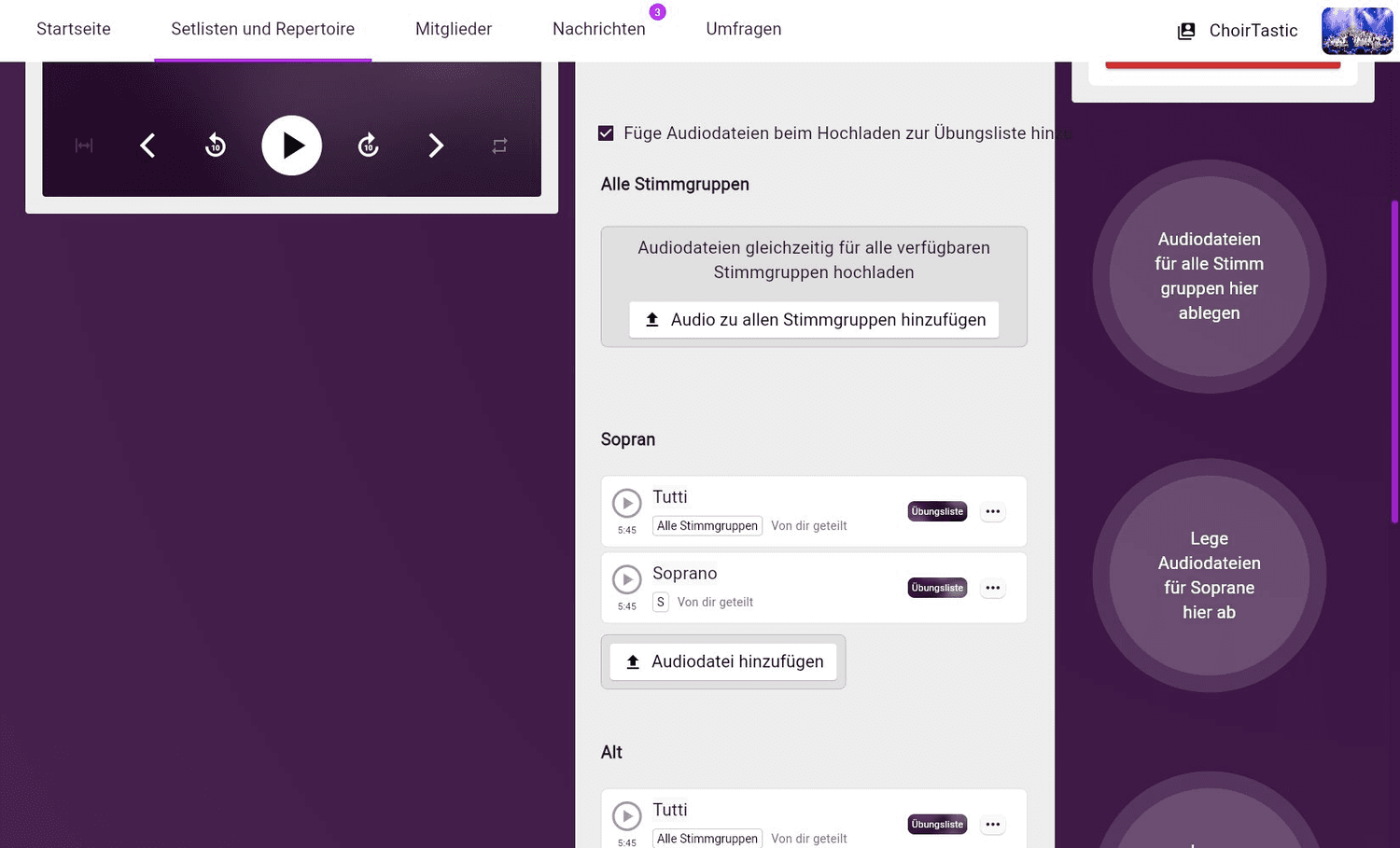 Schaltfläche und Ablagebereich für Audiodateien in ChoirMate im Web