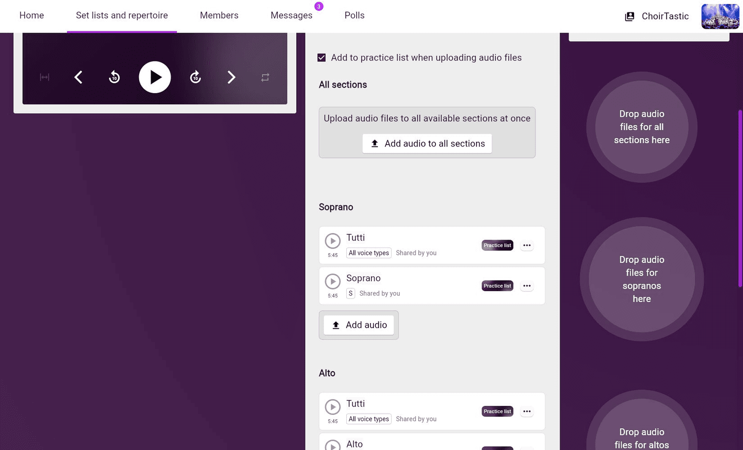 Voice-part audio upload and drop targets in ChoirMate on the web