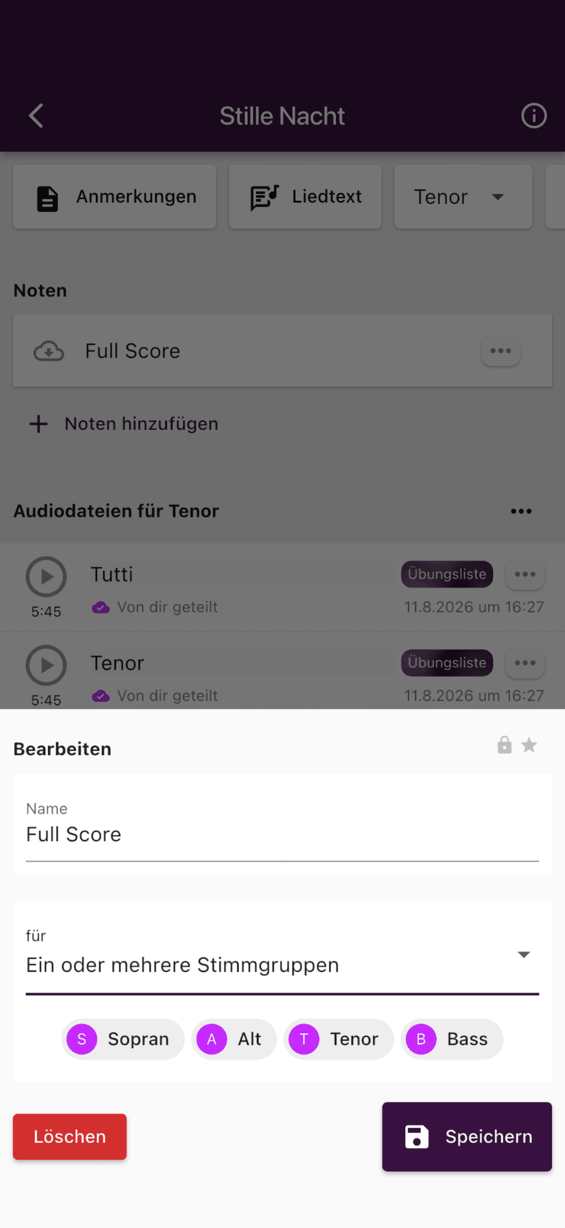 Name und Sichtbarkeit von Noten in der App bearbeiten