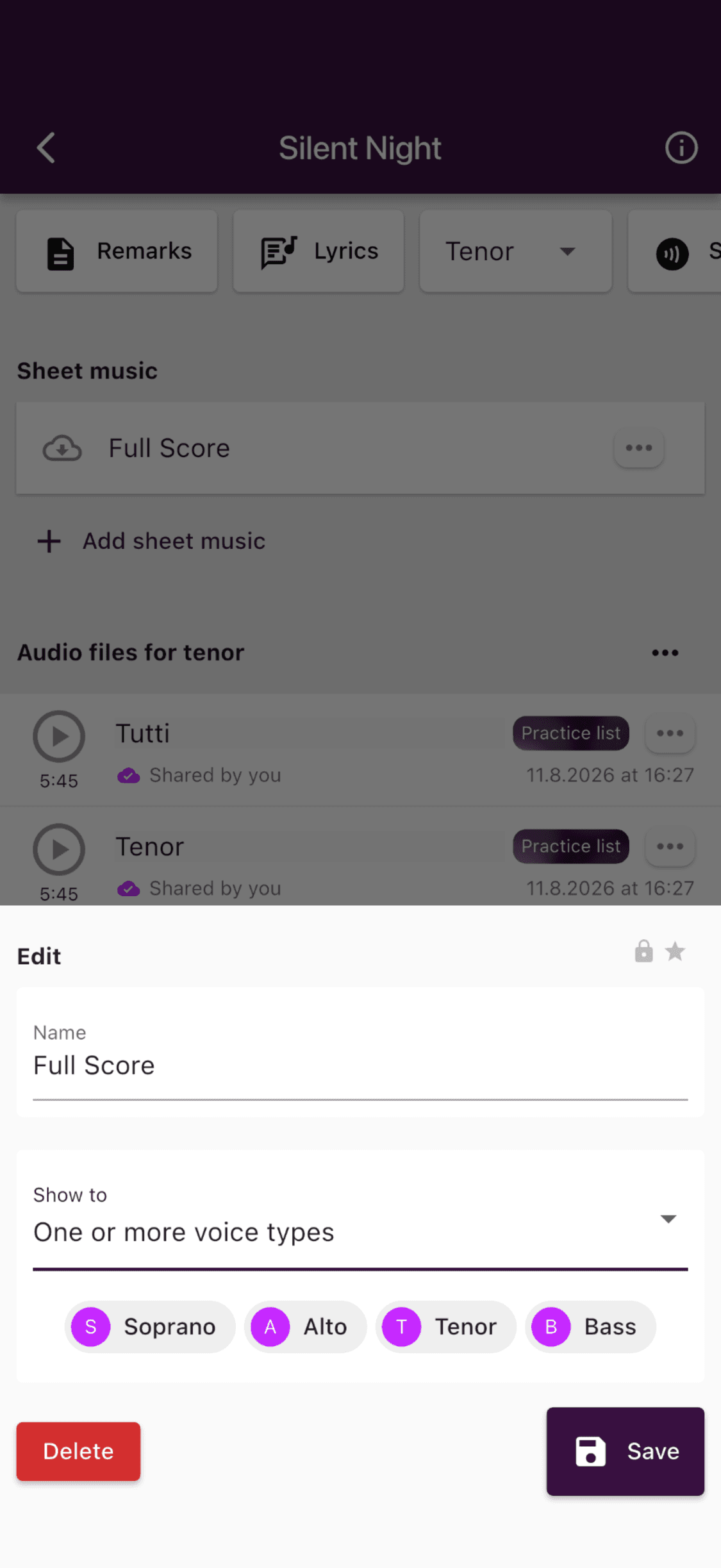 Editing the name and voice-part visibility of sheet music in the app