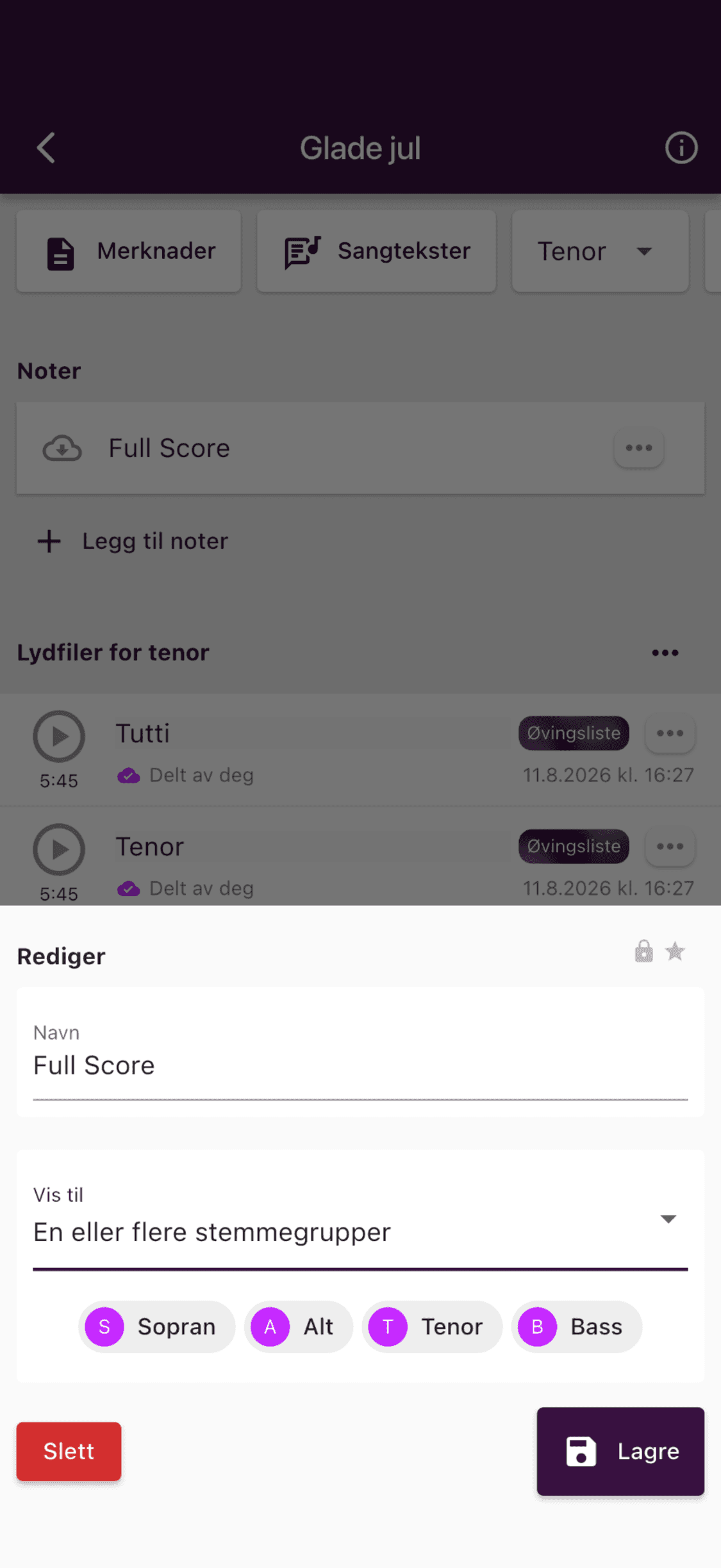 Redigere navn og synlighet for stemmegrupper på noter i appen