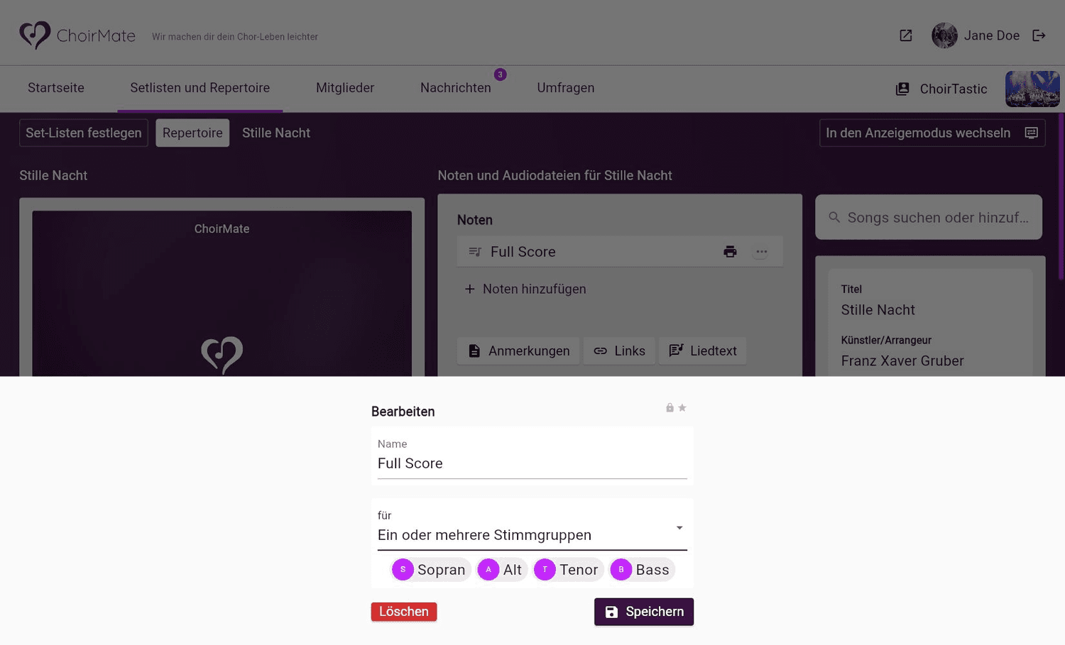 Auswahl der Stimmgruppen für eine PDF-Datei in ChoirMate Web