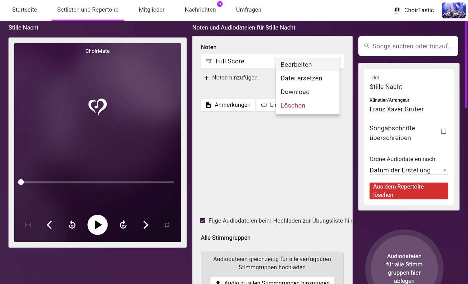 Das Notenmenü mit Bearbeiten und Datei ersetzen in ChoirMate Web