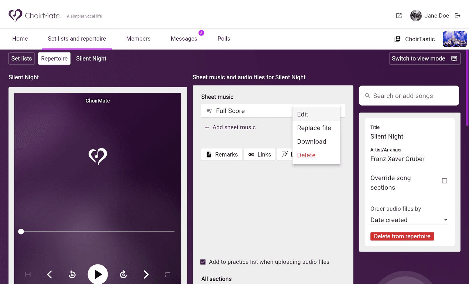 The sheet music menu with Edit and Replace file on ChoirMate Web