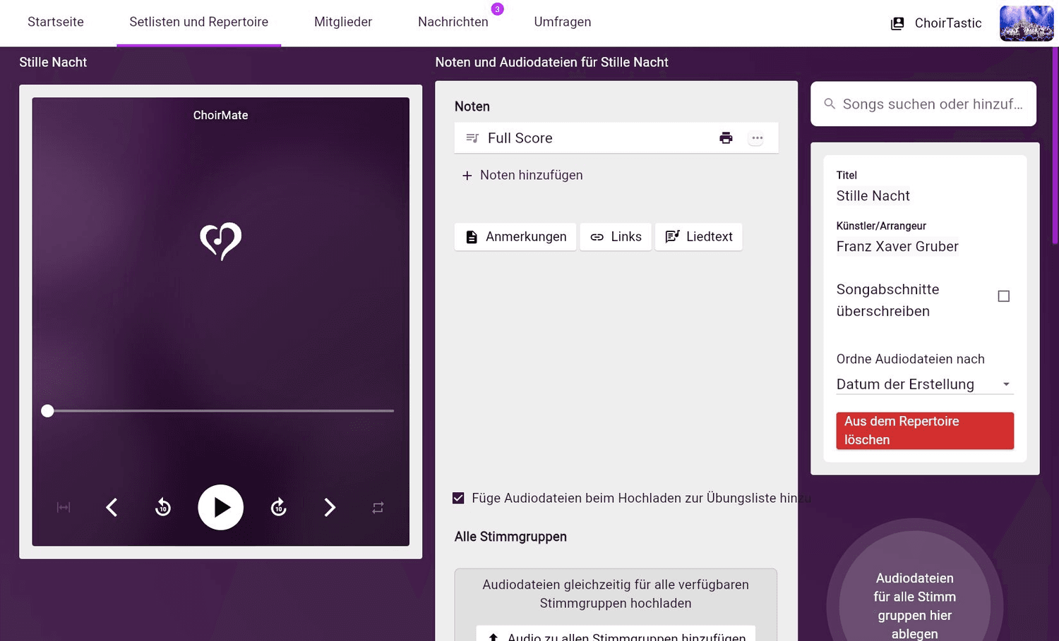 Der Notenbereich eines Songs im Bearbeitungsmodus von ChoirMate Web