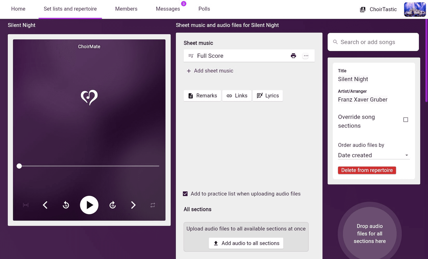 A song's sheet music section in edit mode on ChoirMate Web