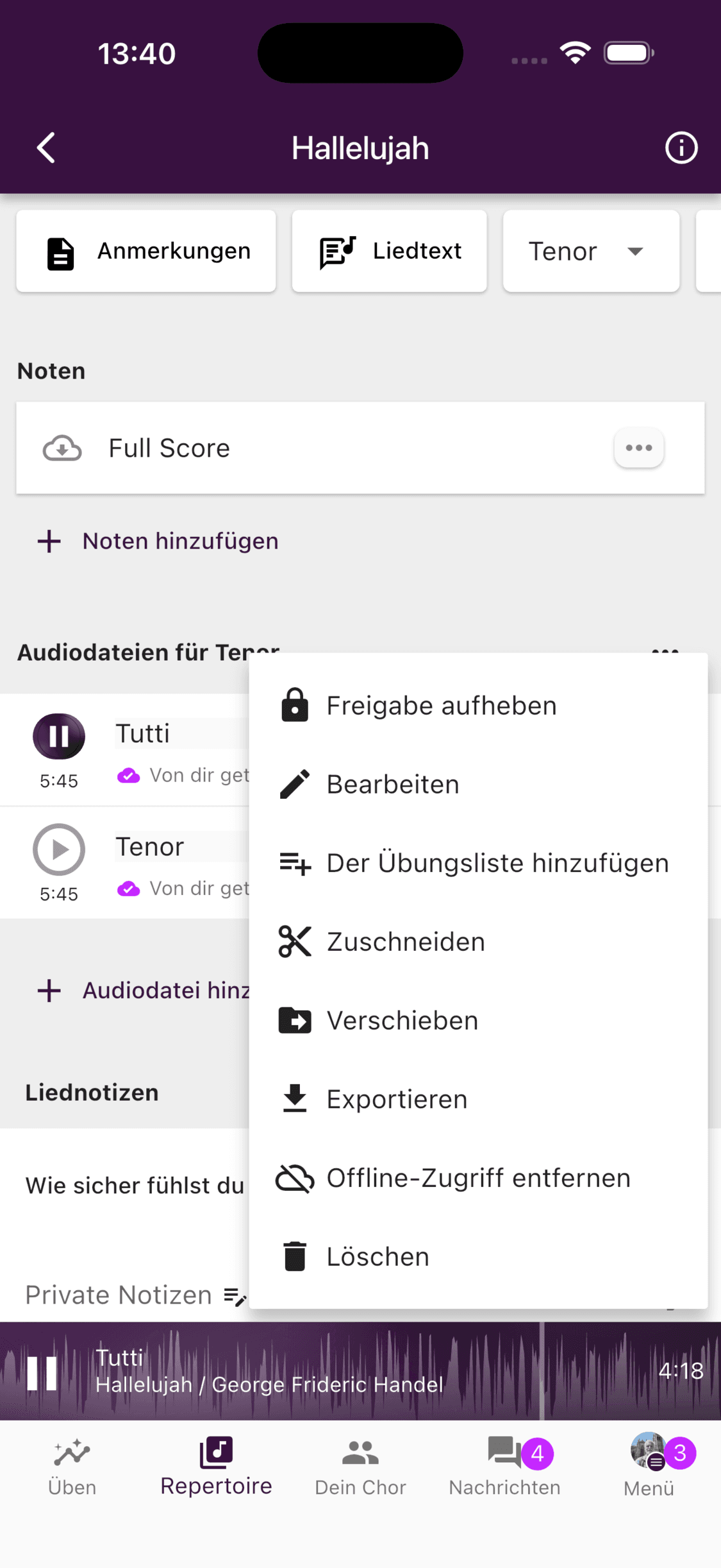 Das Menü einer Aufnahme in der ChoirMate-App