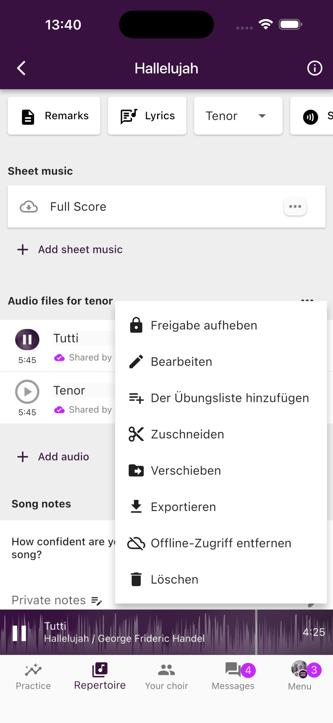 The recording menu in the ChoirMate app