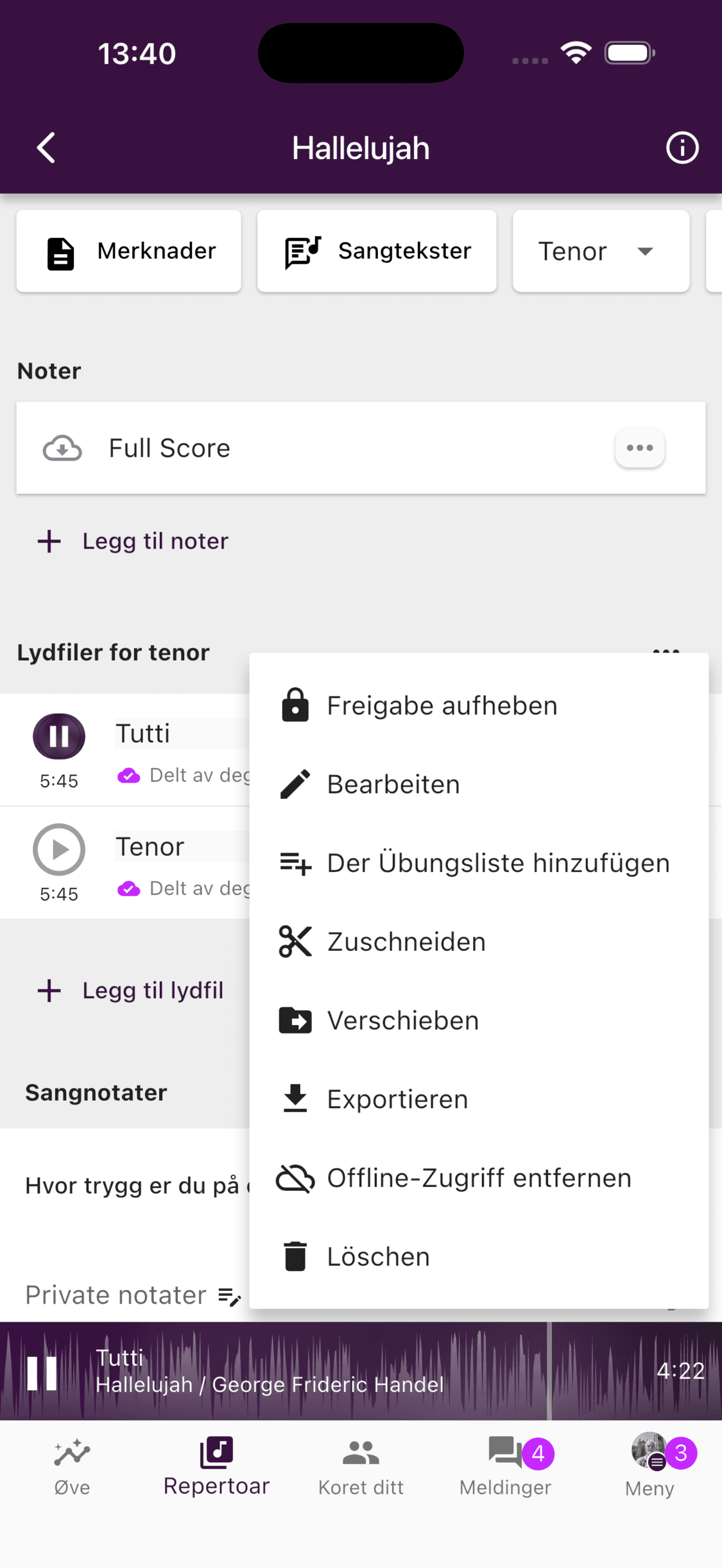 Menyen for en lydfil i ChoirMate-appen