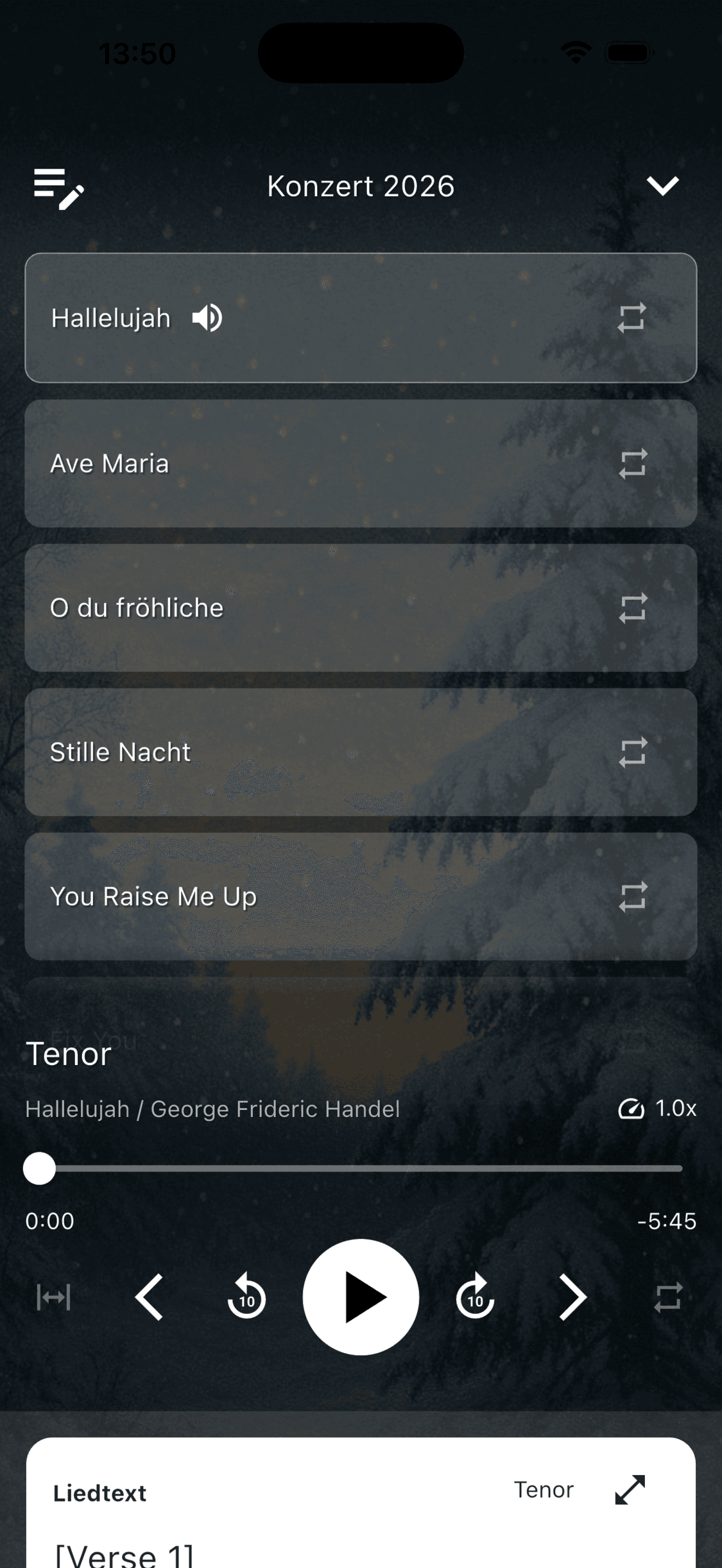 Eine Gruppen-Übungsliste im Audio-Player von ChoirMate