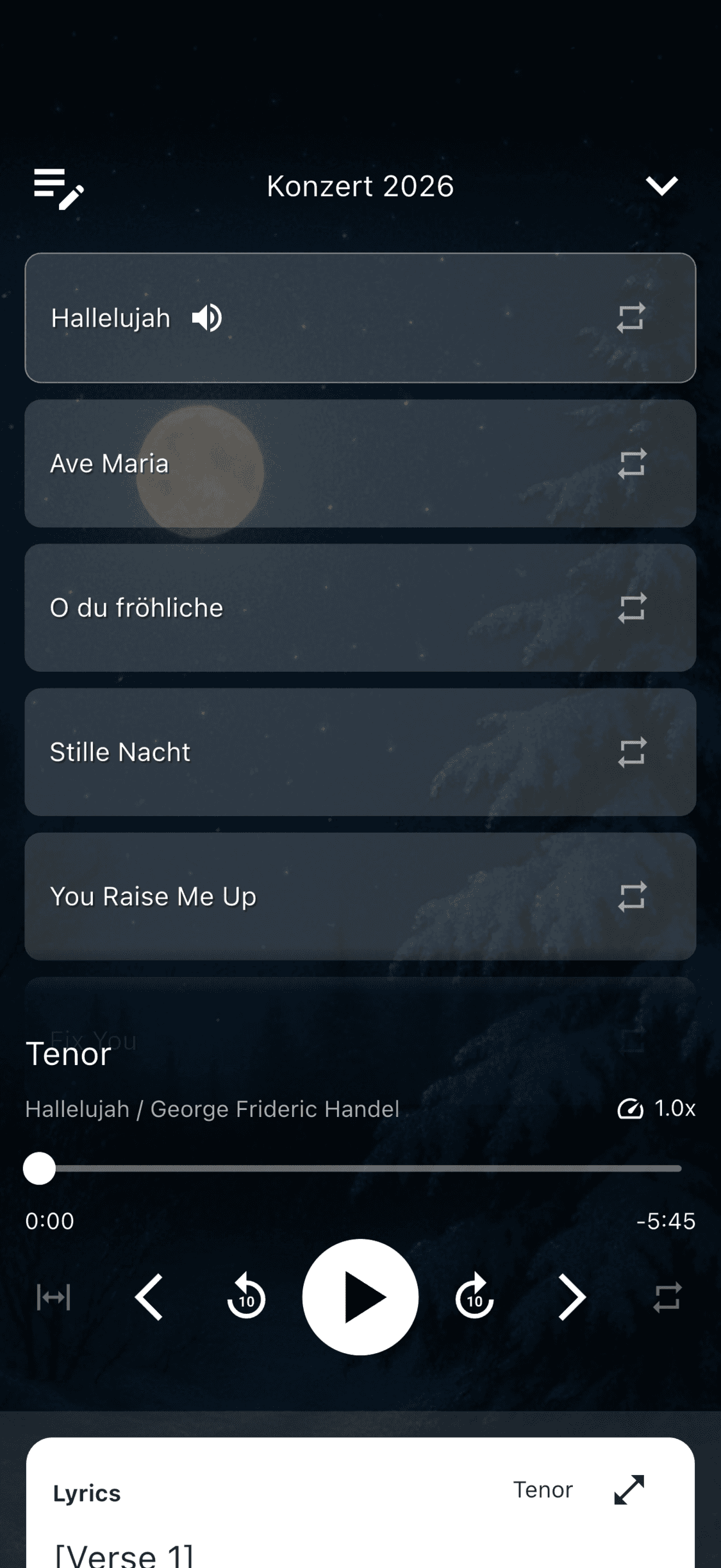 A group practice list loaded in the ChoirMate audio player