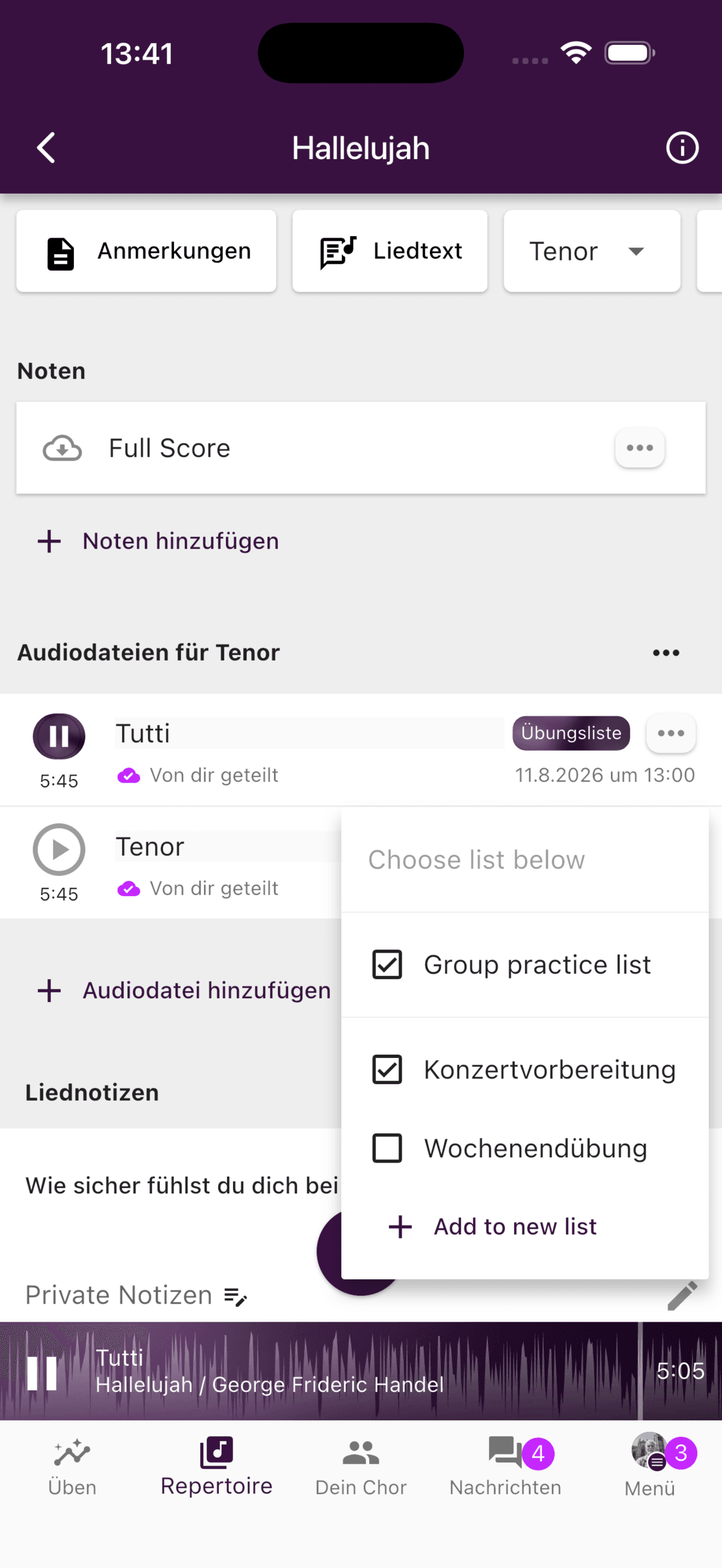 Die Gruppen-Übungsliste für eine Aufnahme in der ChoirMate-App