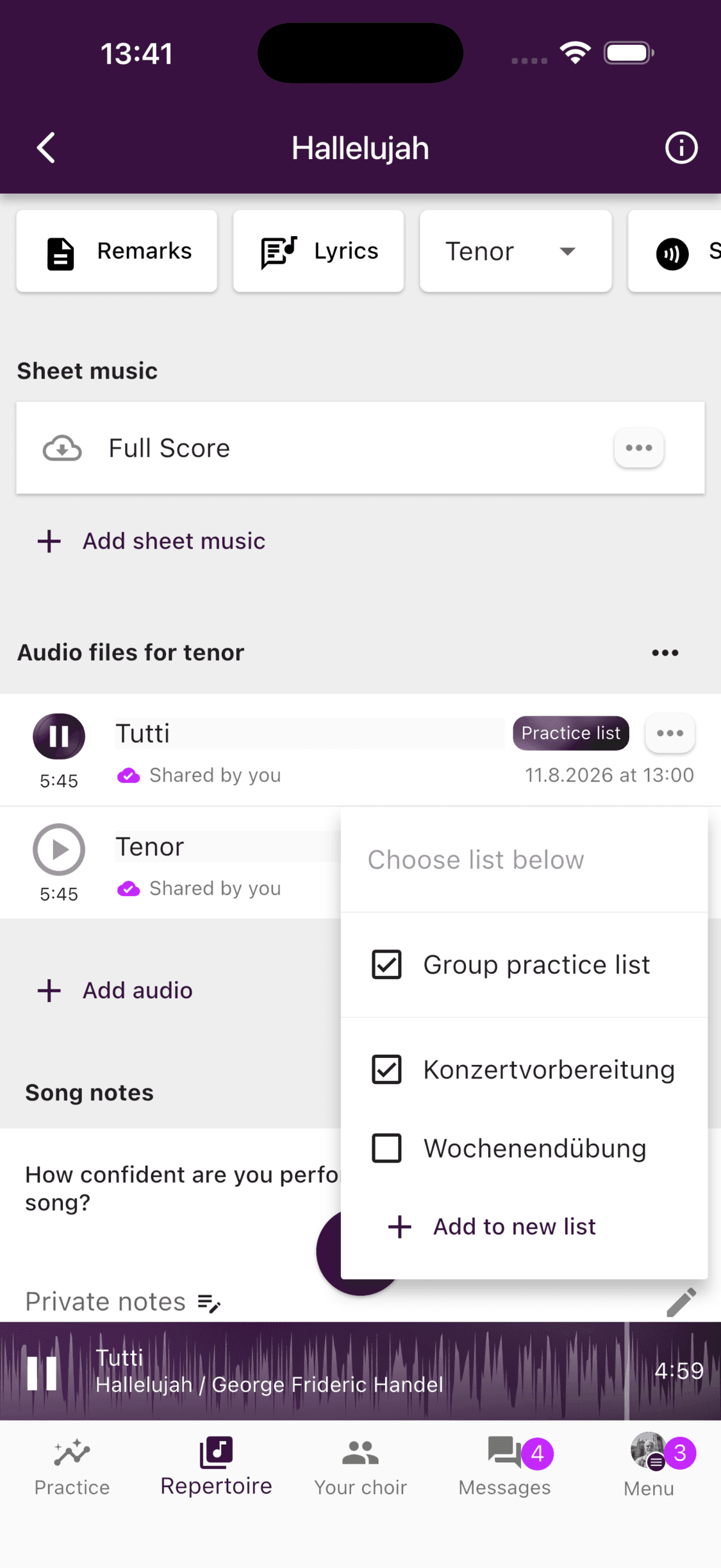 The group practice list selected for a recording in the ChoirMate app
