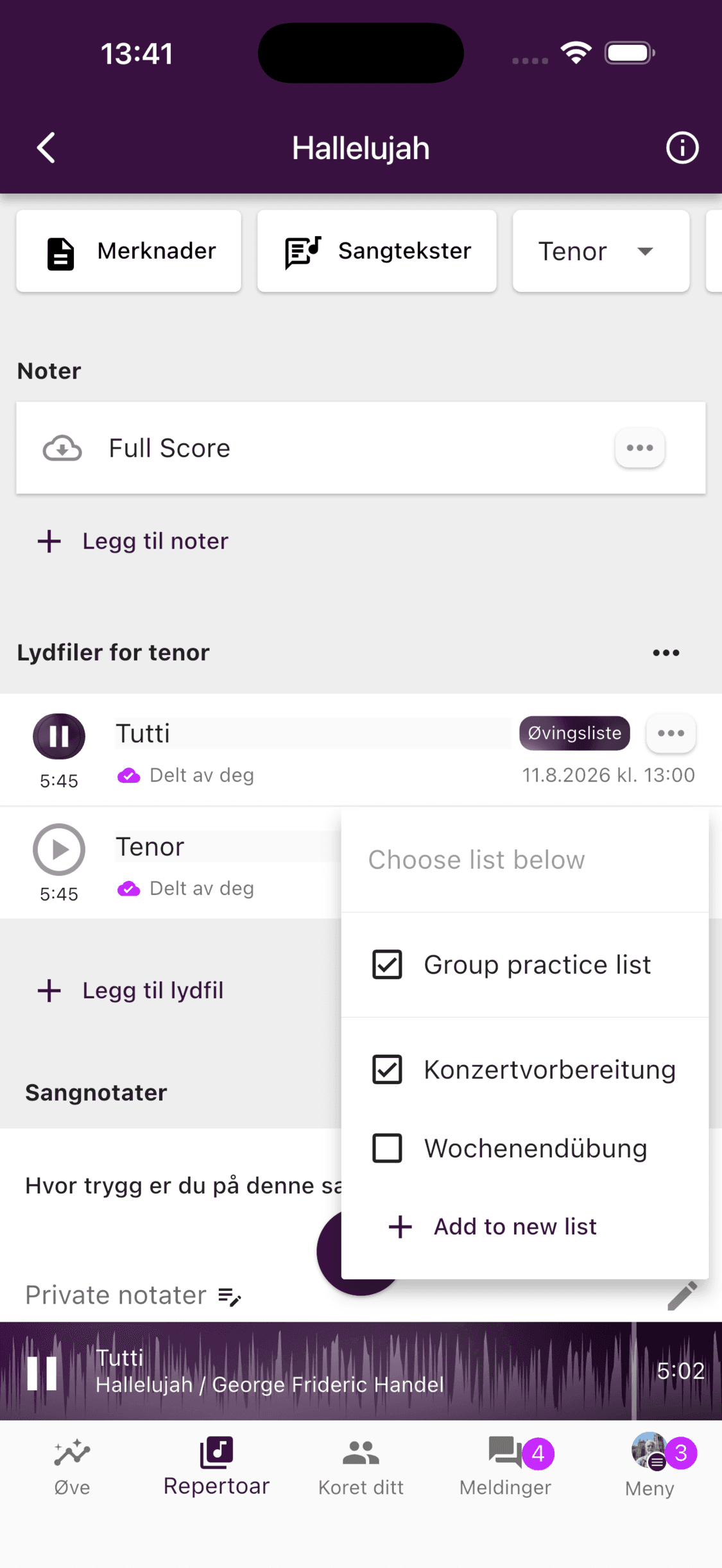 Gruppeøvelisten valgt for en lydfil i ChoirMate-appen