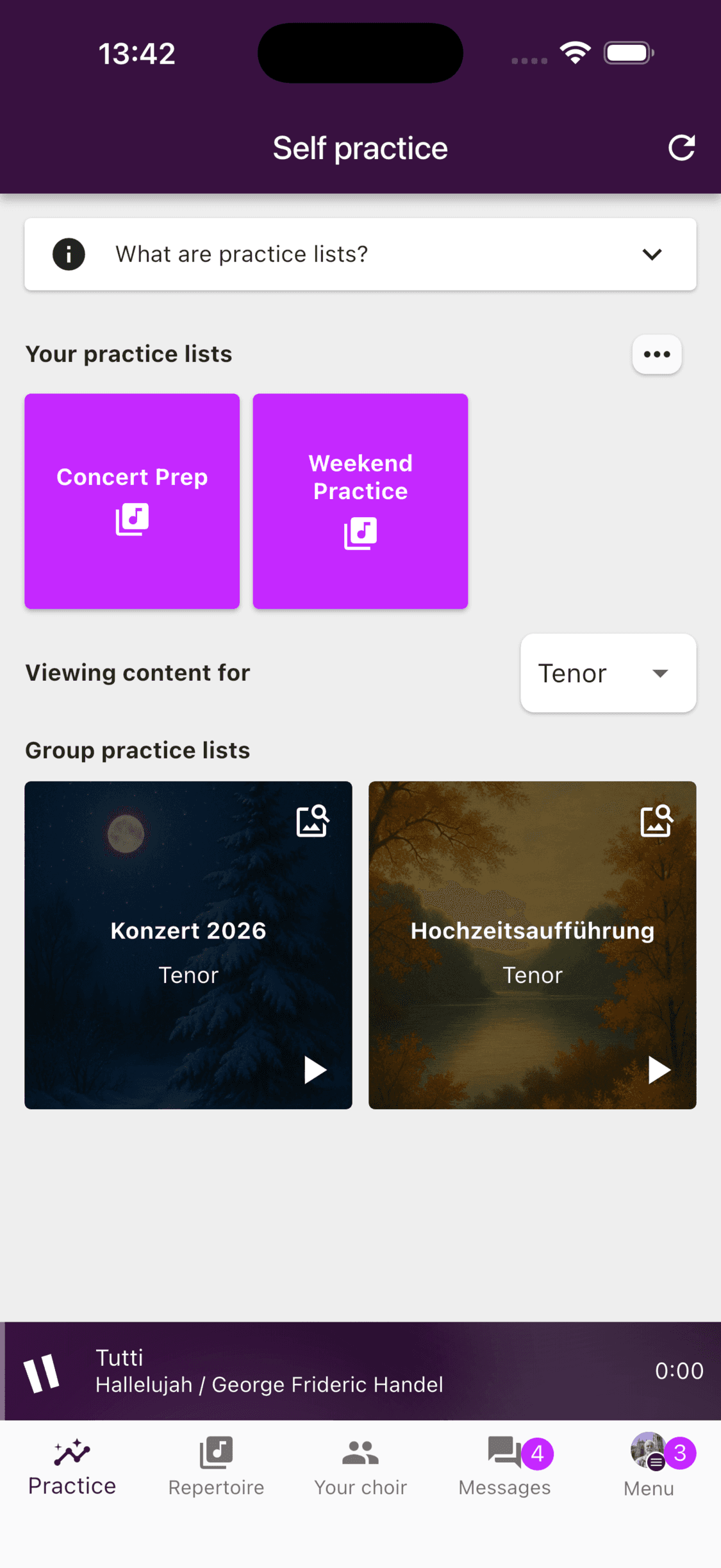 Group practice lists for the selected voice part in the ChoirMate app