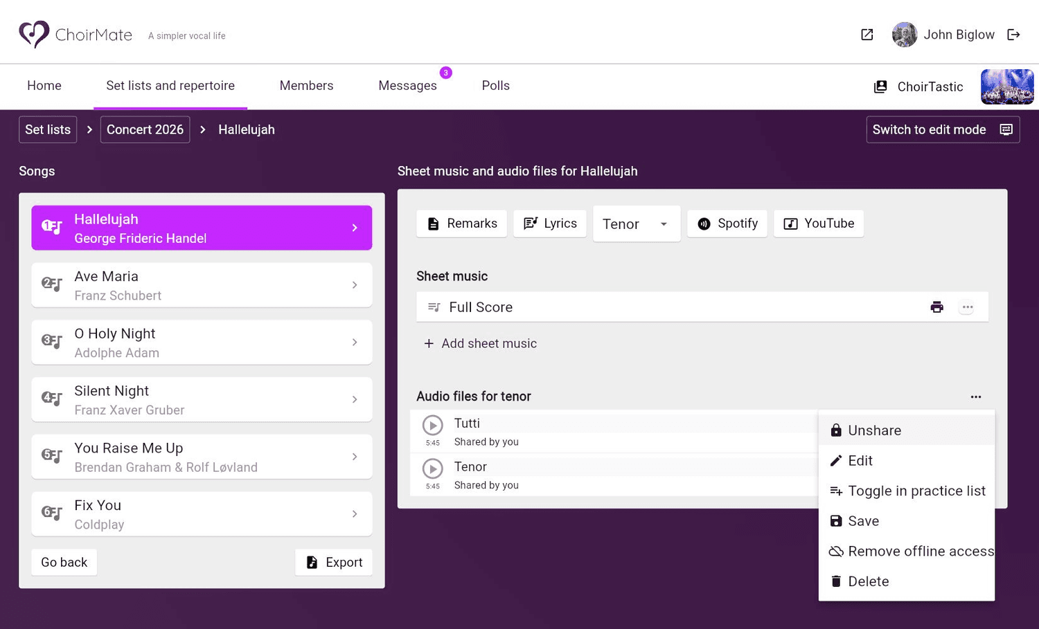 The recording menu in ChoirMate Web
