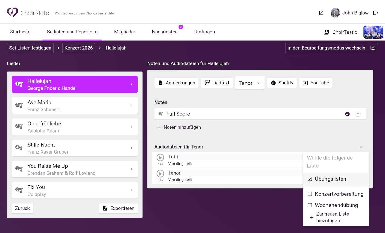 Die Gruppen-Übungsliste für eine Aufnahme in ChoirMate Web