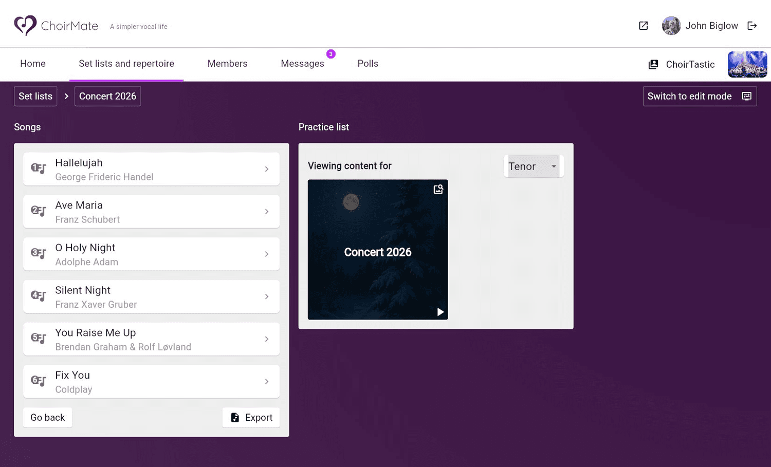A set list and its group practice list in ChoirMate Web