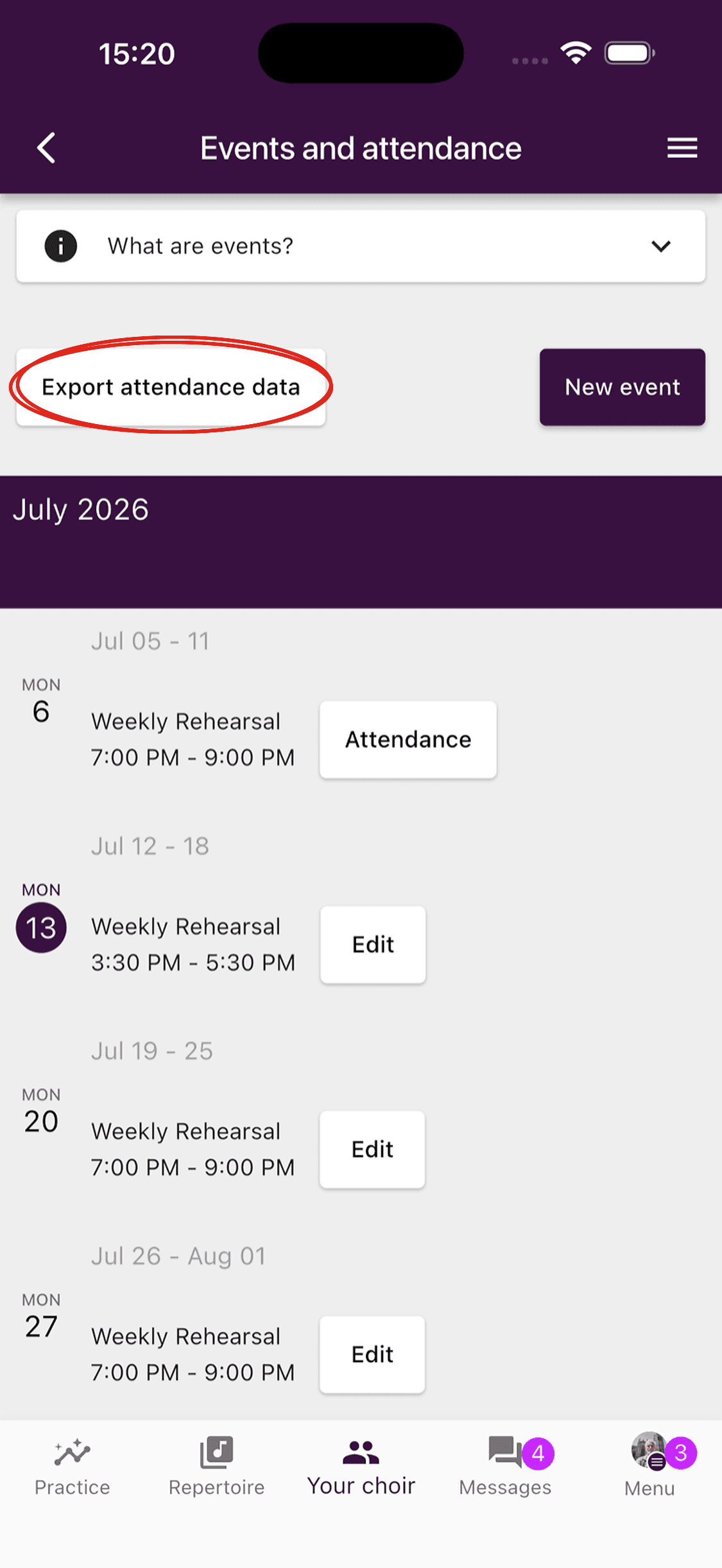 The export attendance data button