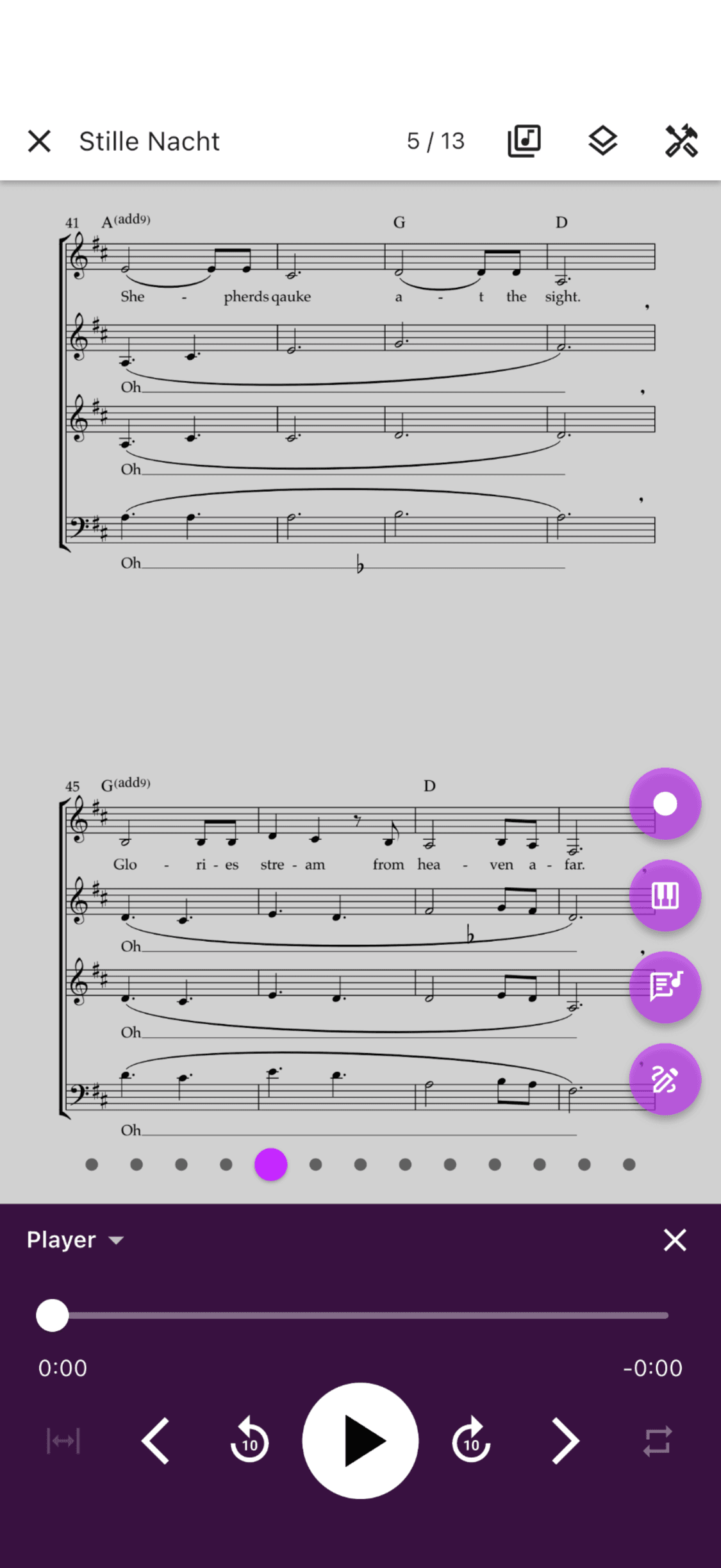 Der unter den Noten angedockte Player in der ChoirMate-App