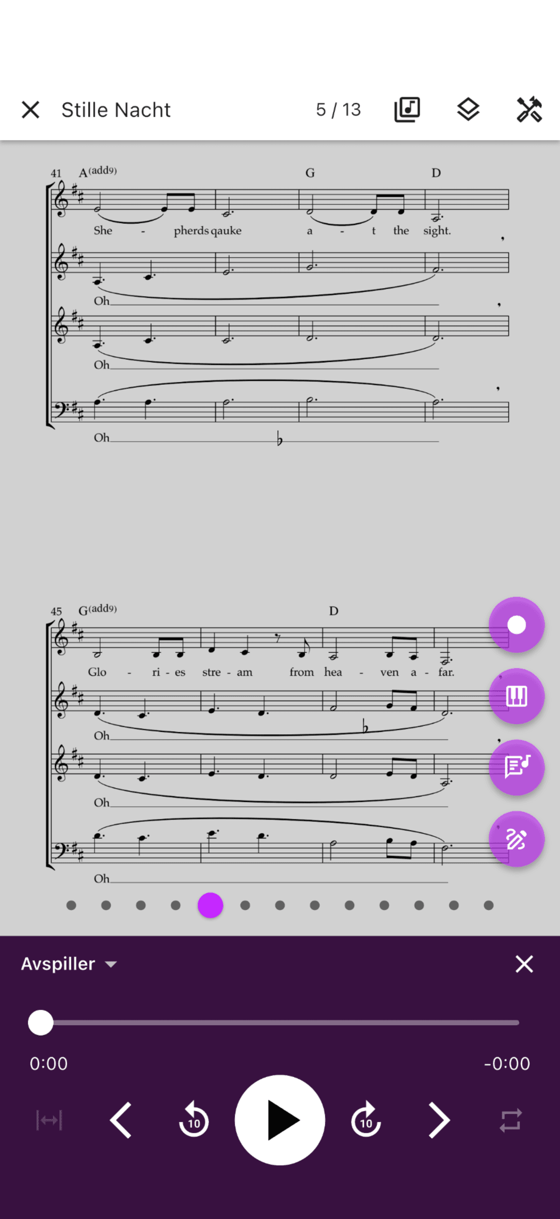 Avspilleren under notene i ChoirMate-appen