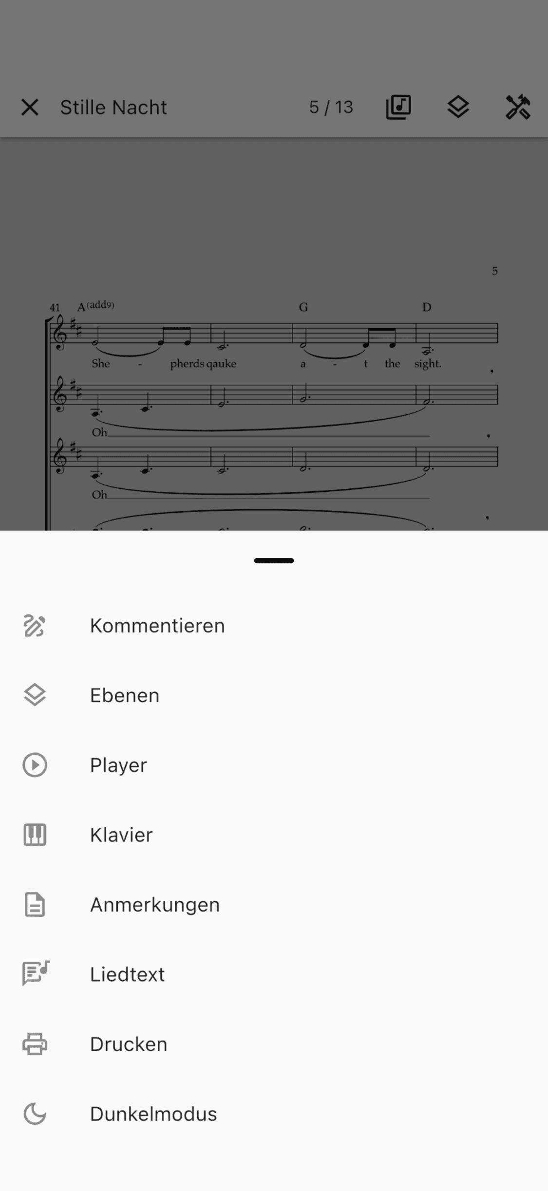 Das Werkzeugmenü des Notenbetrachters in der ChoirMate-App