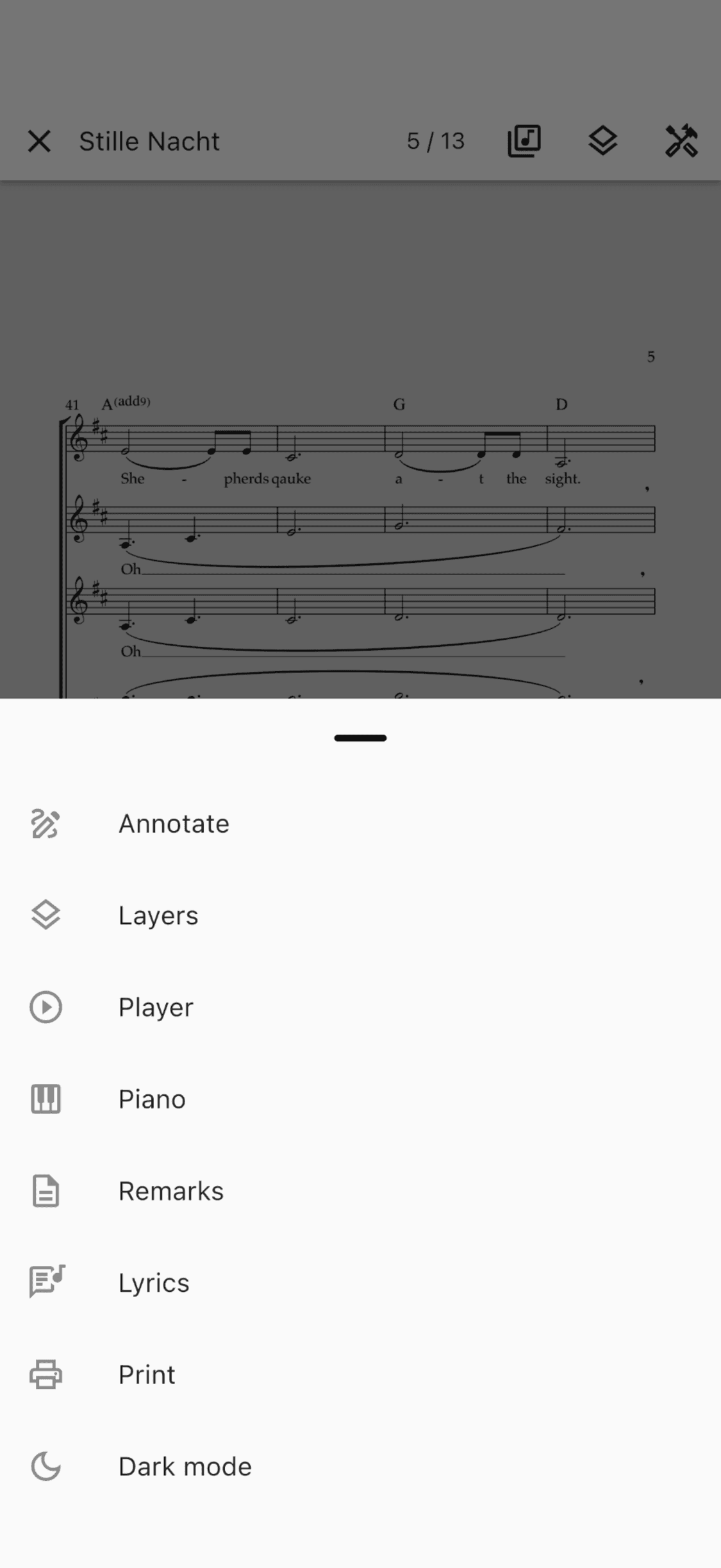 The sheet music viewer tools menu in the ChoirMate app