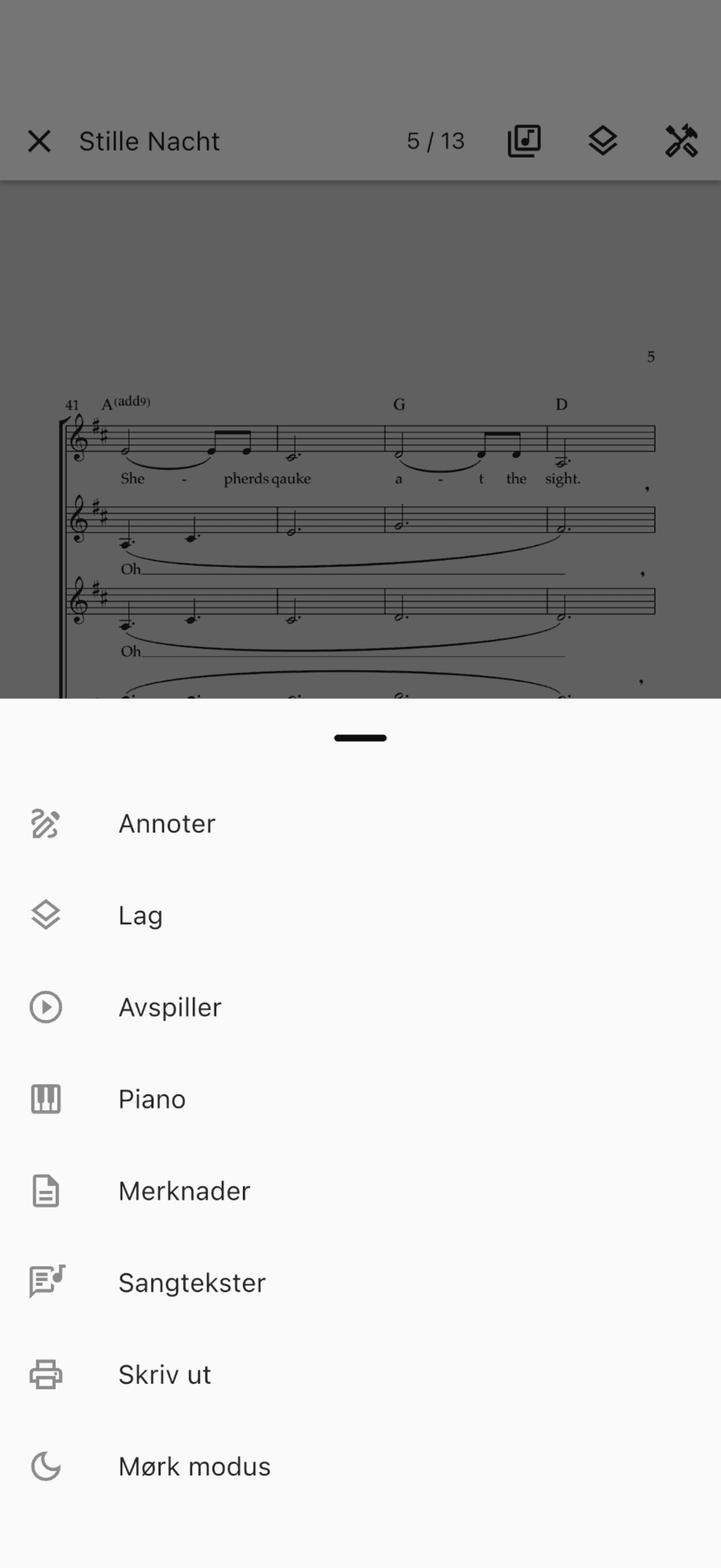 Verktøymenyen i noteviseren i ChoirMate-appen