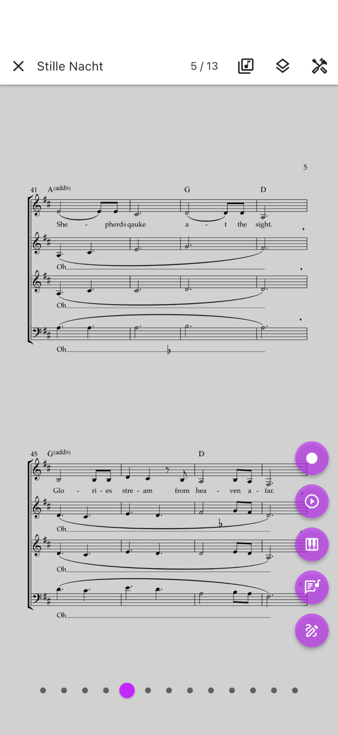 Noten mit sichtbaren Bedienelementen in der ChoirMate-App