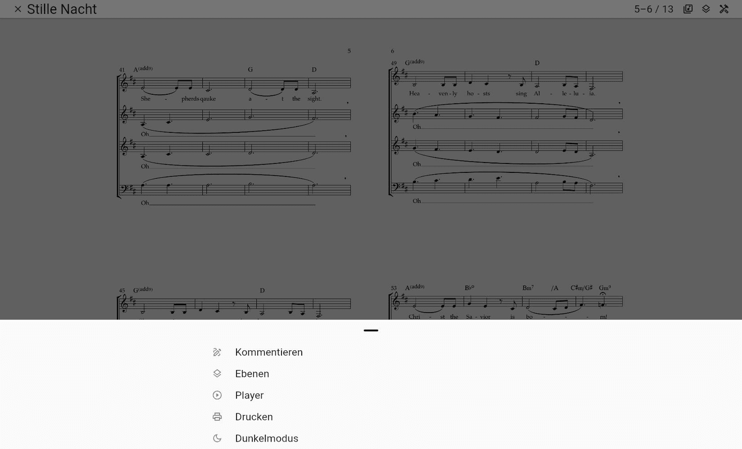 Das Werkzeugmenü des Notenbetrachters in ChoirMate Web