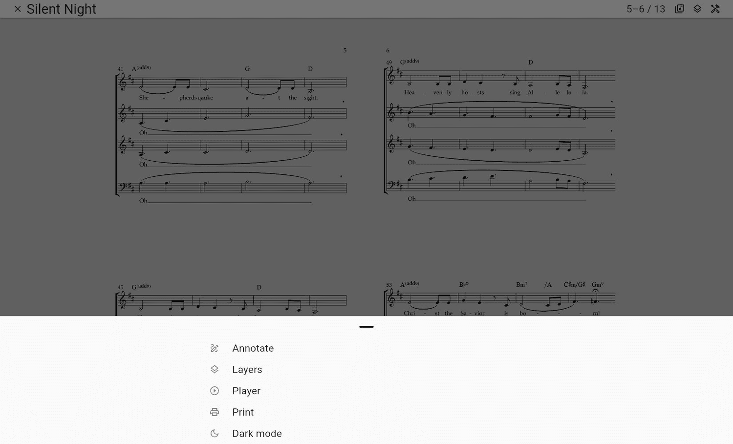 The sheet music viewer tools menu in ChoirMate Web