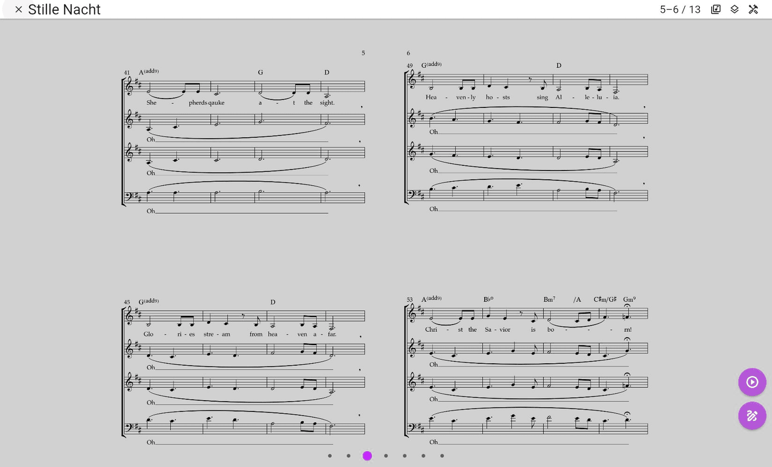 Zweiseitige Notenansicht mit Bedienelementen in ChoirMate Web