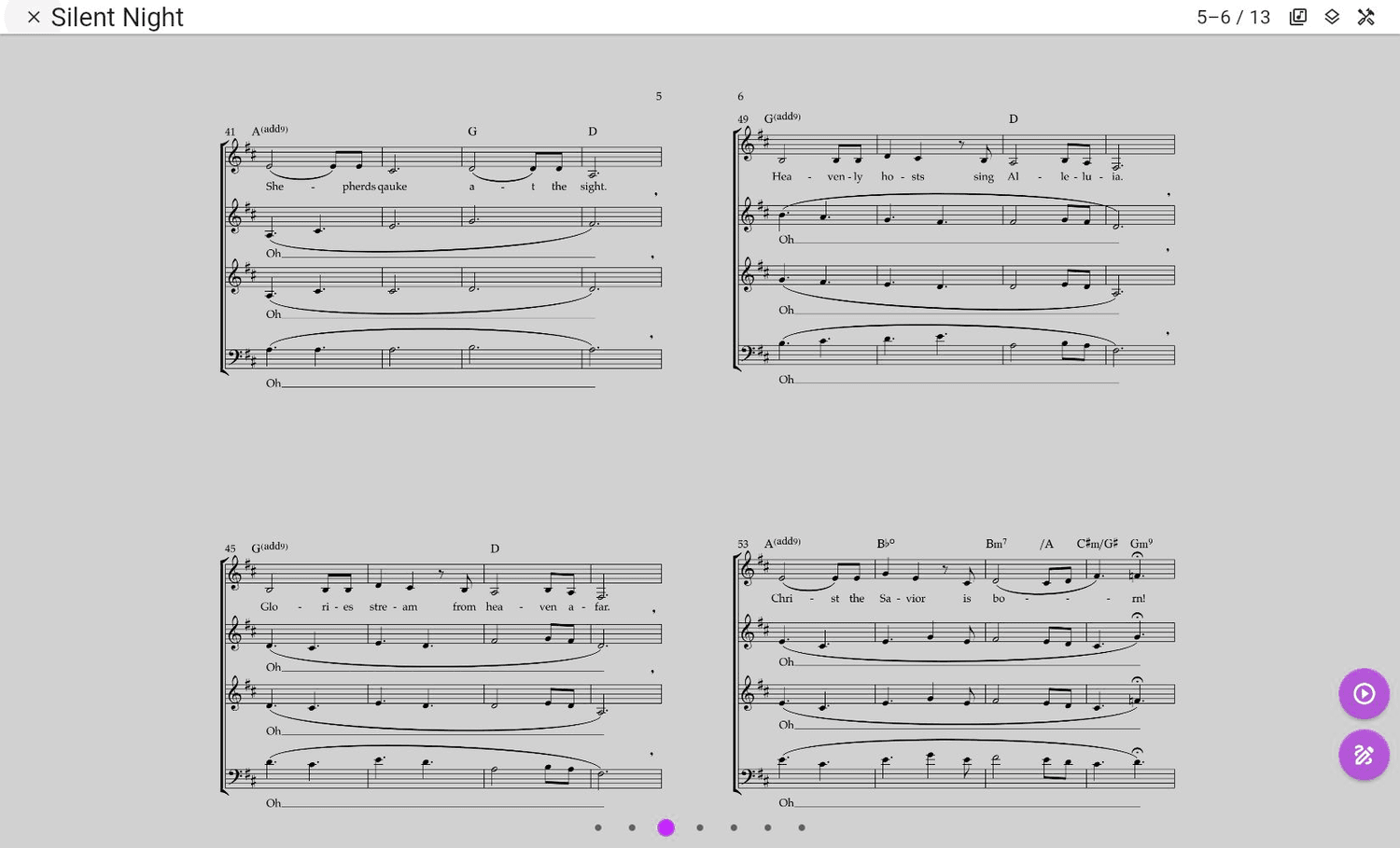 Two-page sheet music view with controls in ChoirMate Web