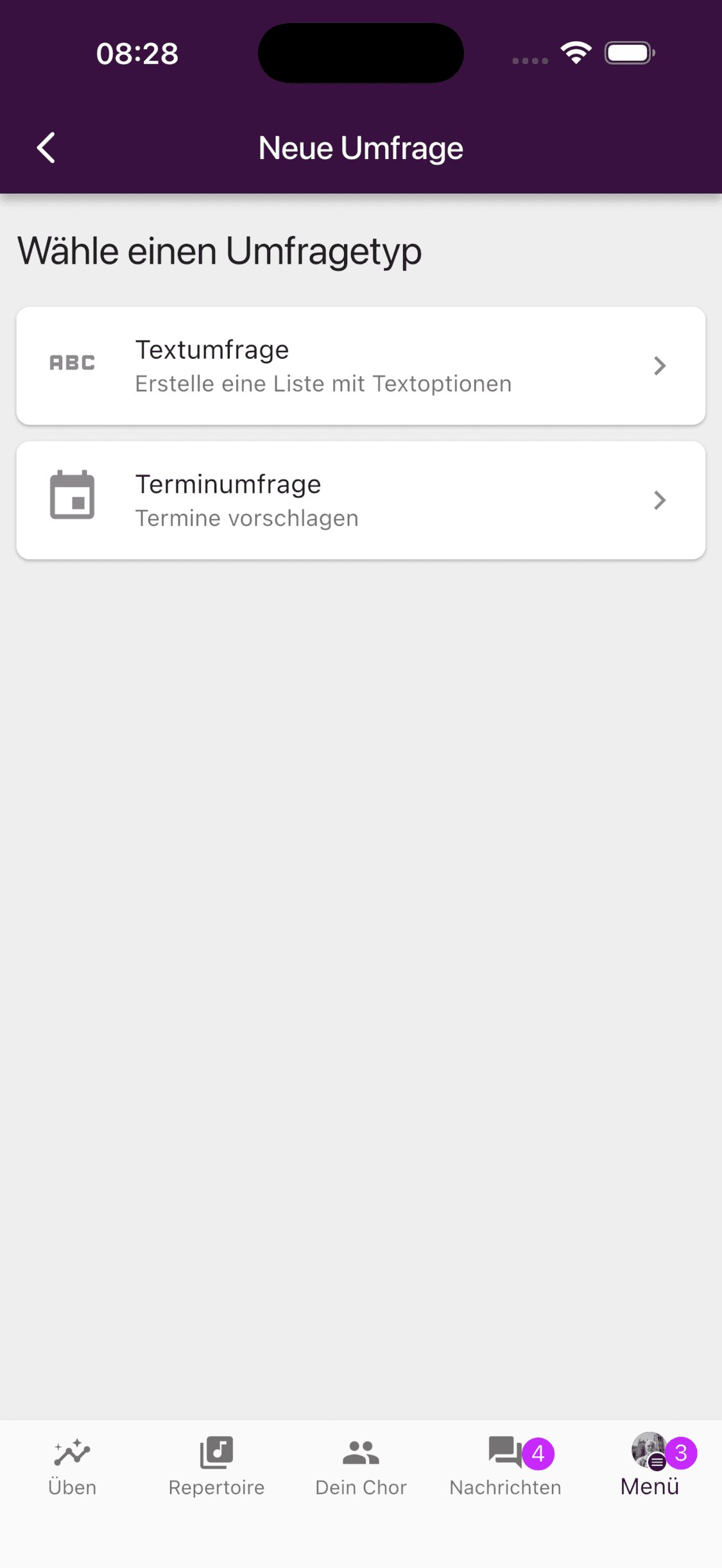 Die Auswahl zwischen Textumfrage und Terminumfrage in der mobilen App