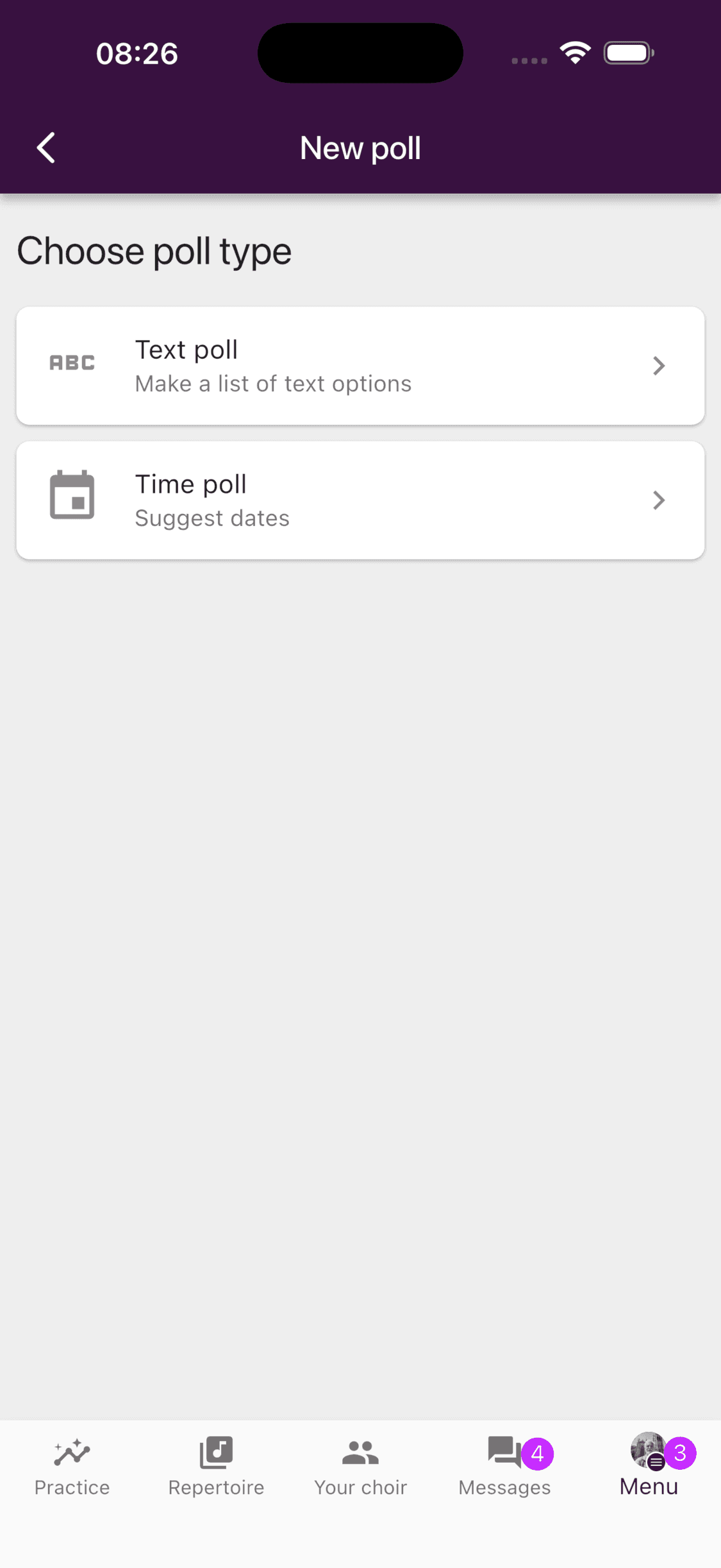 Text poll and Time poll choices in the mobile app