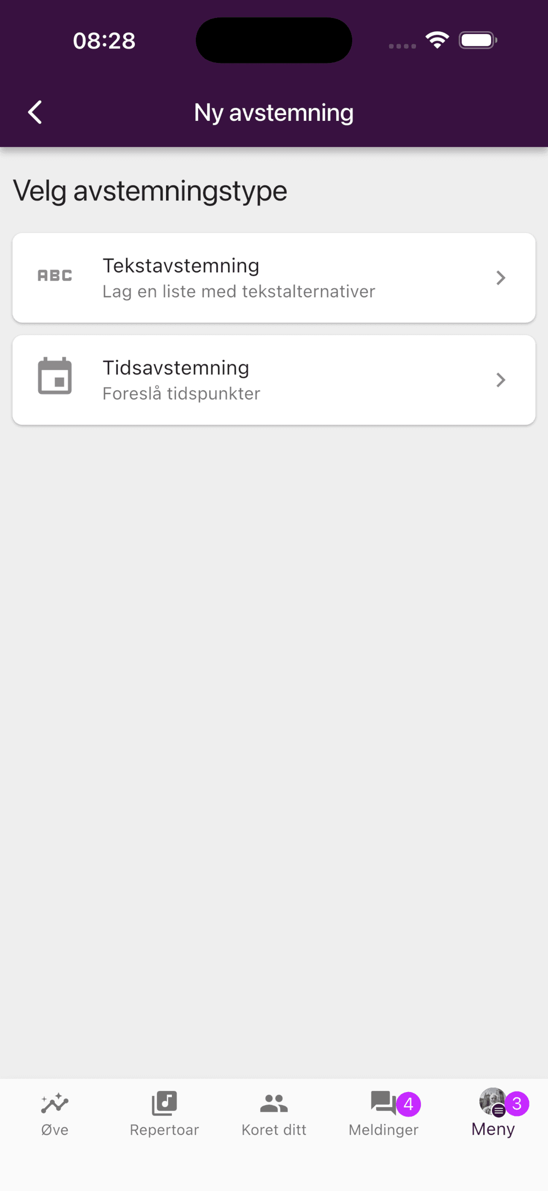 Valgene Tekstavstemning og Tidsavstemning i mobilappen