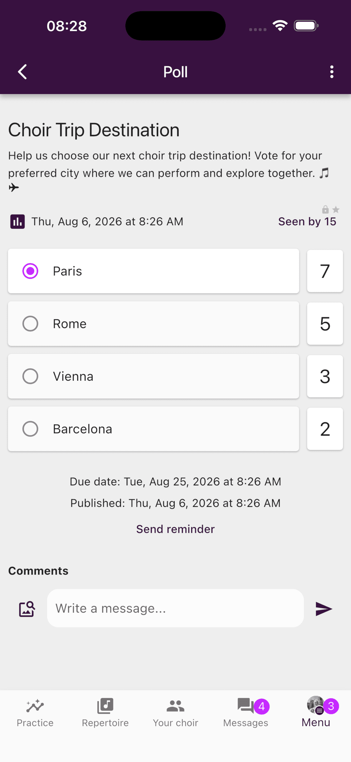 A selected poll alternative with vote counts and comments in the mobile app