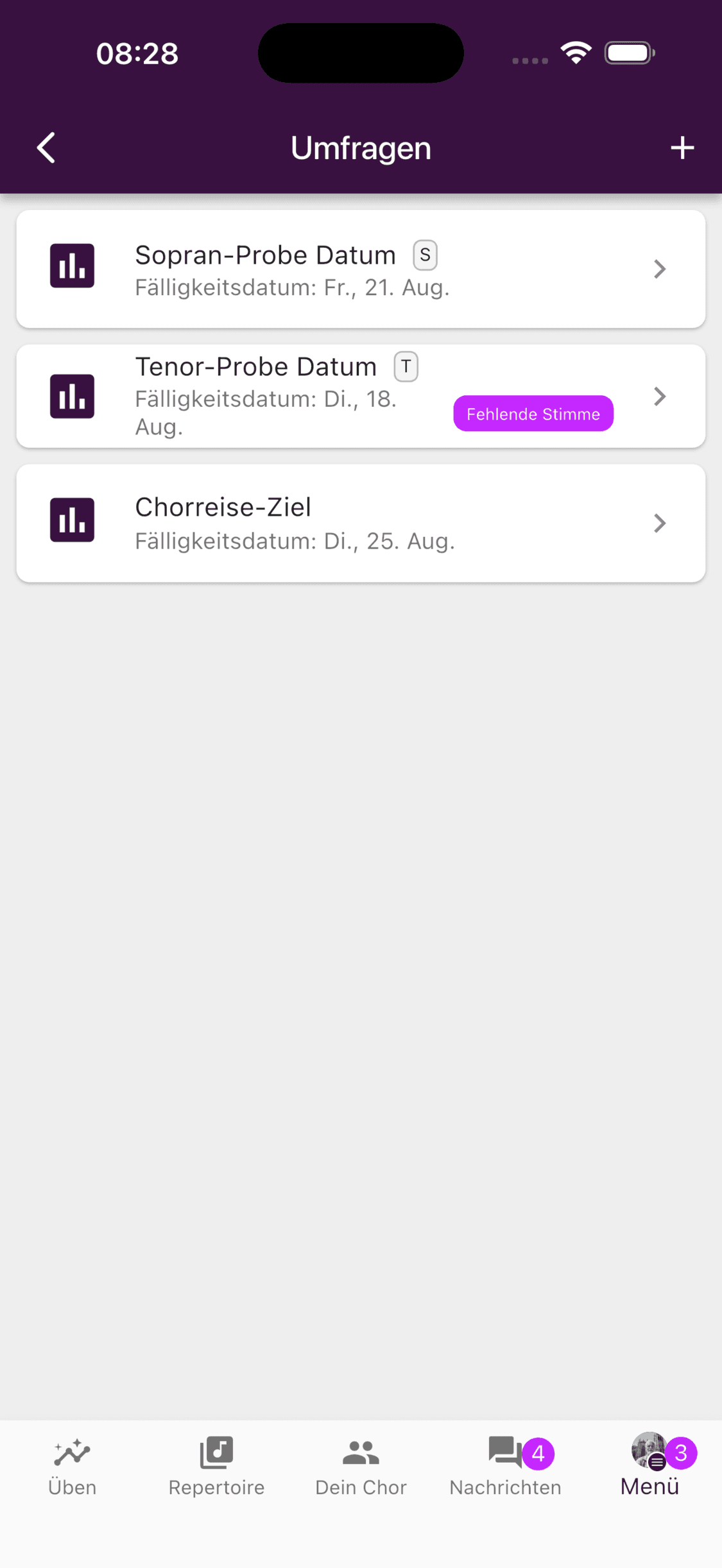 Die Umfrageliste in der mobilen ChoirMate-App